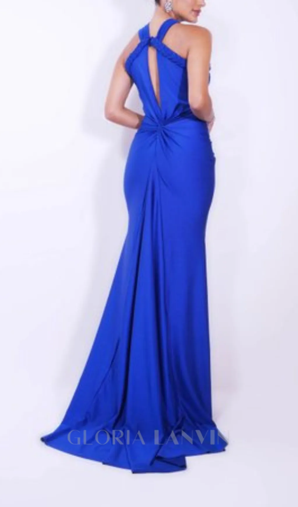 BEVERLY BRAID EMBELLISHED RUCHED HALTER GOWN IN BLUE Gloria Lanvin
