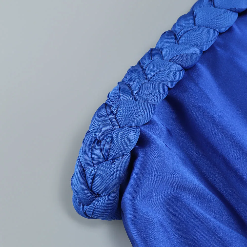 BEVERLY BRAID EMBELLISHED RUCHED HALTER GOWN IN BLUE Gloria Lanvin