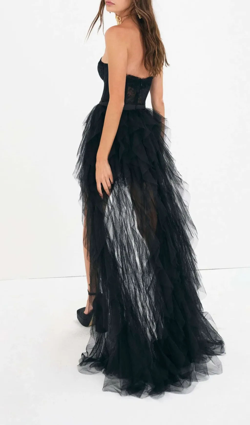 BLACK STRAPLESS LACE PATCHWORK MESH MAXI DRESS Gloria Lanvin