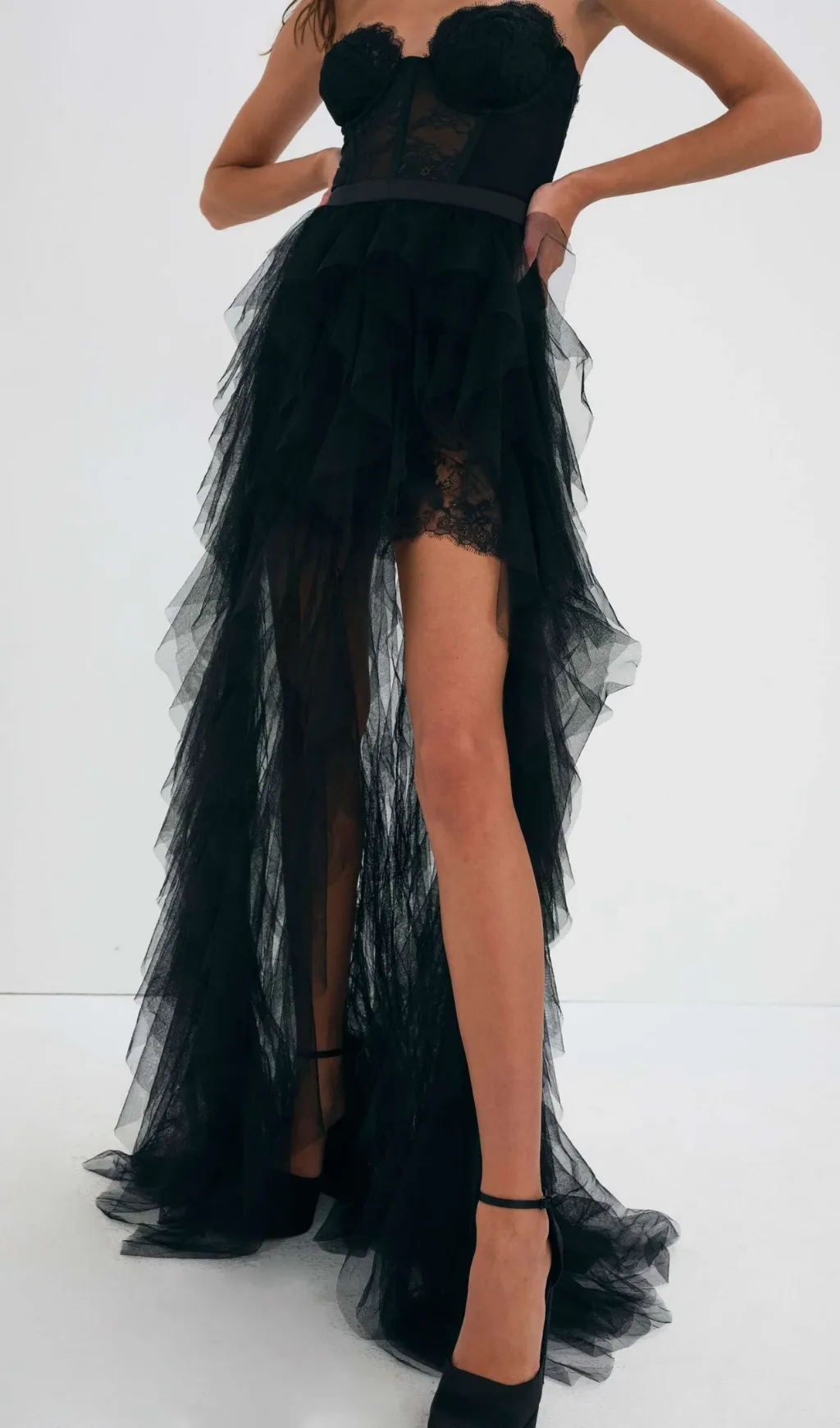 BLACK STRAPLESS LACE PATCHWORK MESH MAXI DRESS Gloria Lanvin
