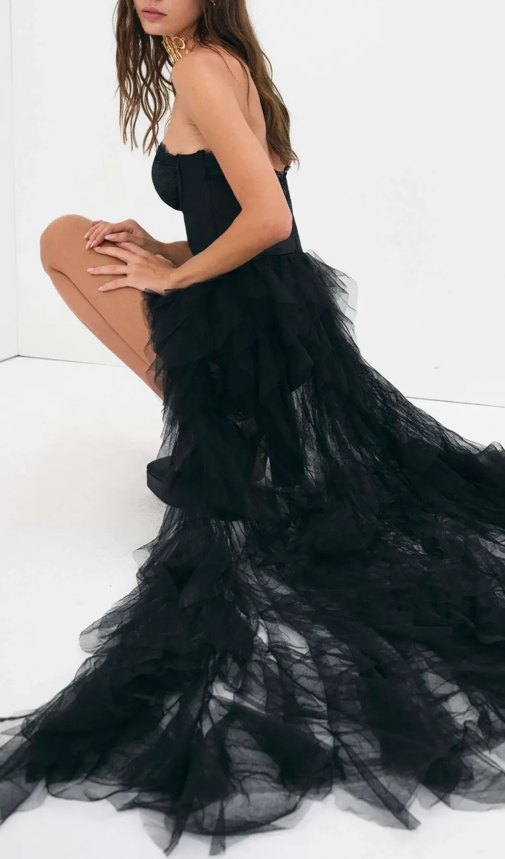 BLACK STRAPLESS LACE PATCHWORK MESH MAXI DRESS Gloria Lanvin