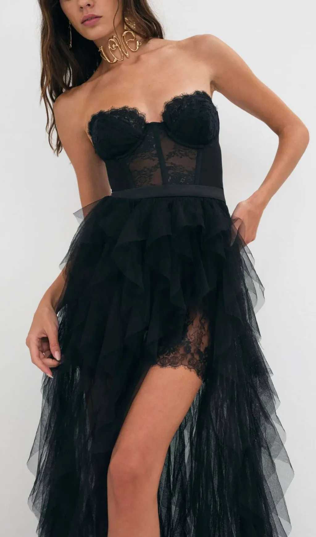 BLACK STRAPLESS LACE PATCHWORK MESH MAXI DRESS Gloria Lanvin