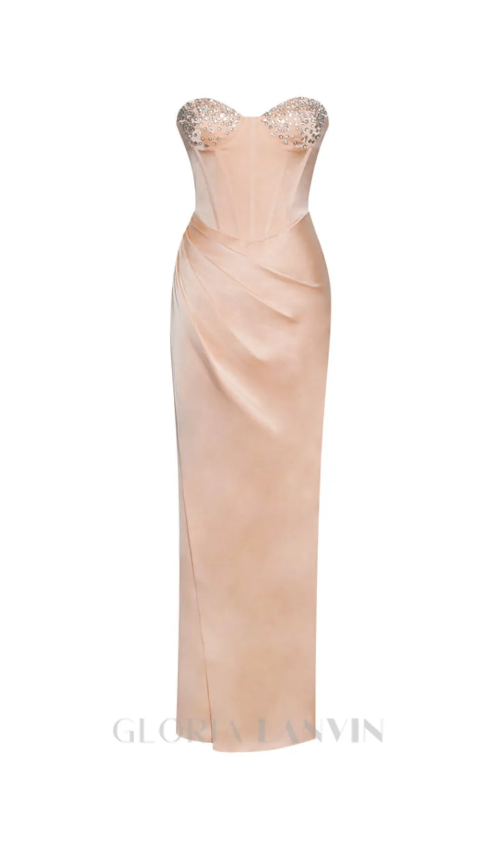 BLUSH SATIN CORSET SLIT GOWN WITH CRYSTAL EMBELLISHED Gloria Lanvin