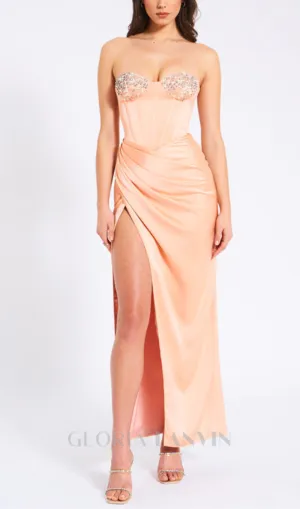 BLUSH SATIN CORSET SLIT GOWN WITH CRYSTAL EMBELLISHED Gloria Lanvin