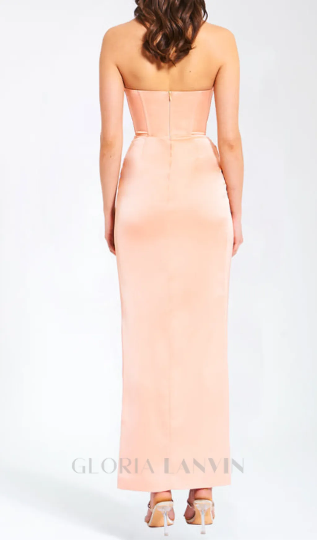 BLUSH SATIN CORSET SLIT GOWN WITH CRYSTAL EMBELLISHED Gloria Lanvin