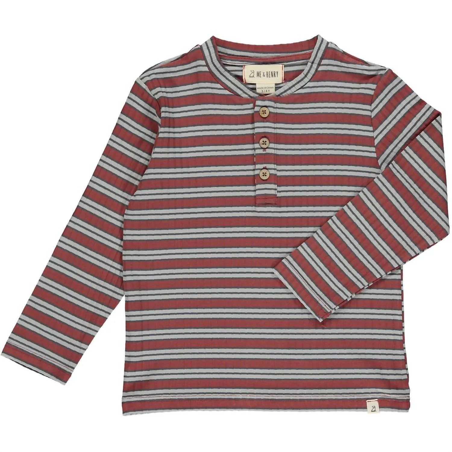 Boy's Adams Henley Top In Grey/ Burgundy Ribbed Stripe