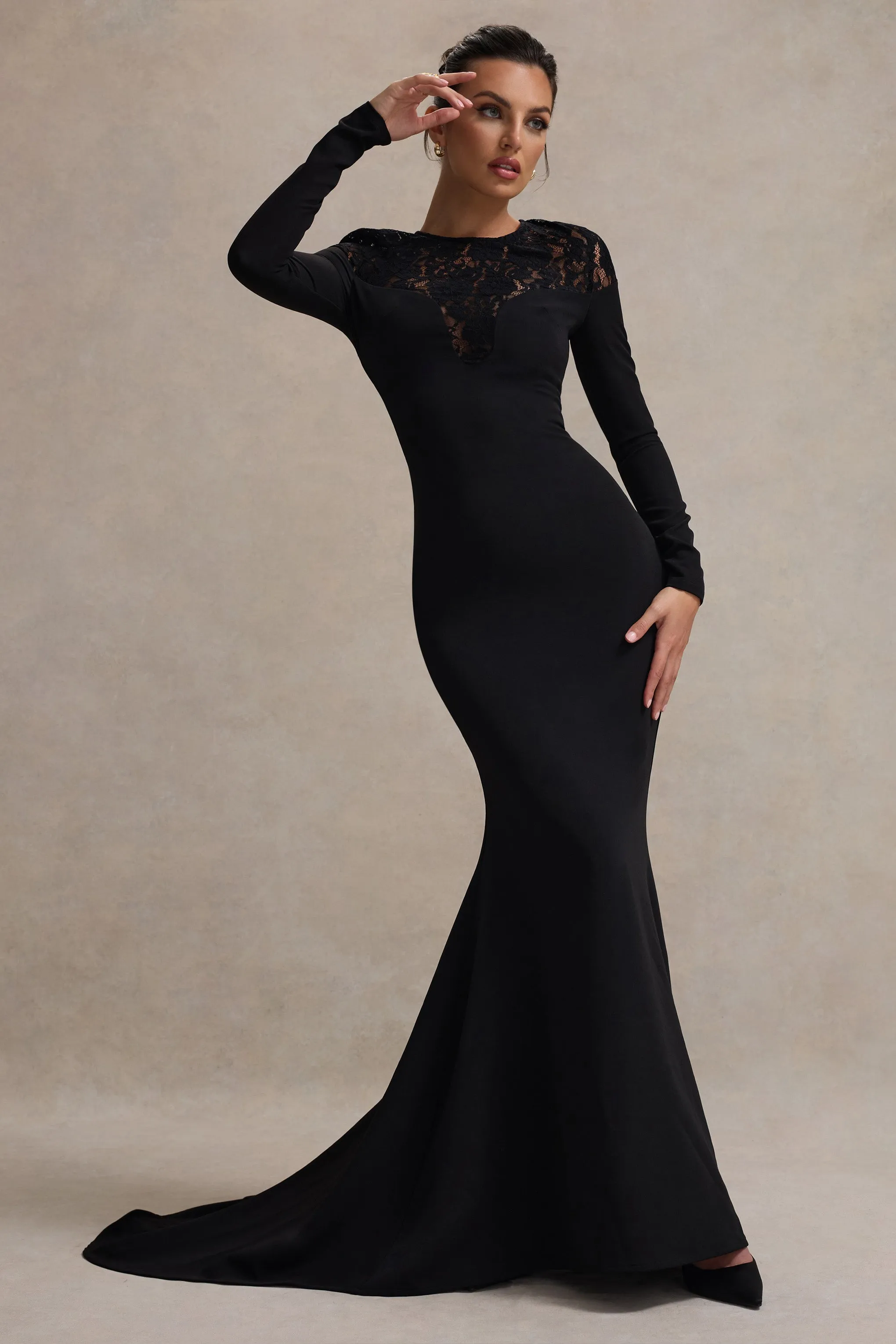 Campbell | Black Long-Sleeve Maxi Dress With Lace Detail Club L London