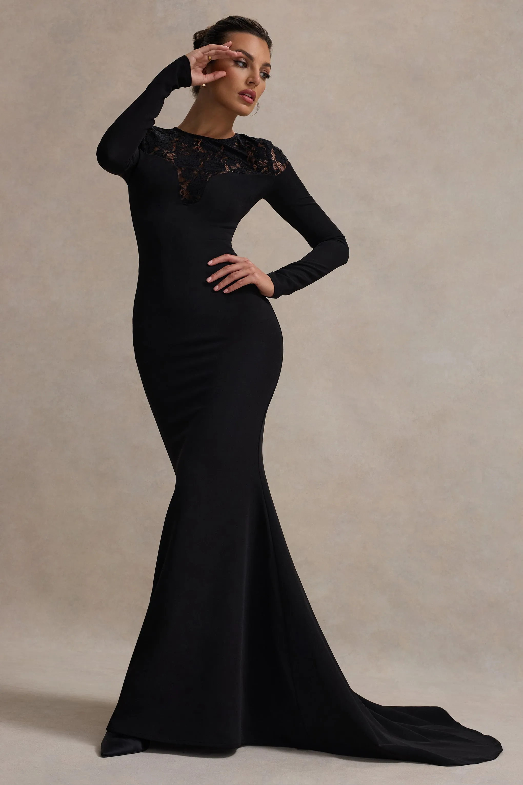 Campbell | Black Long-Sleeve Maxi Dress With Lace Detail Club L London