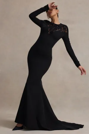 Campbell | Black Long-Sleeve Maxi Dress With Lace Detail Club L London