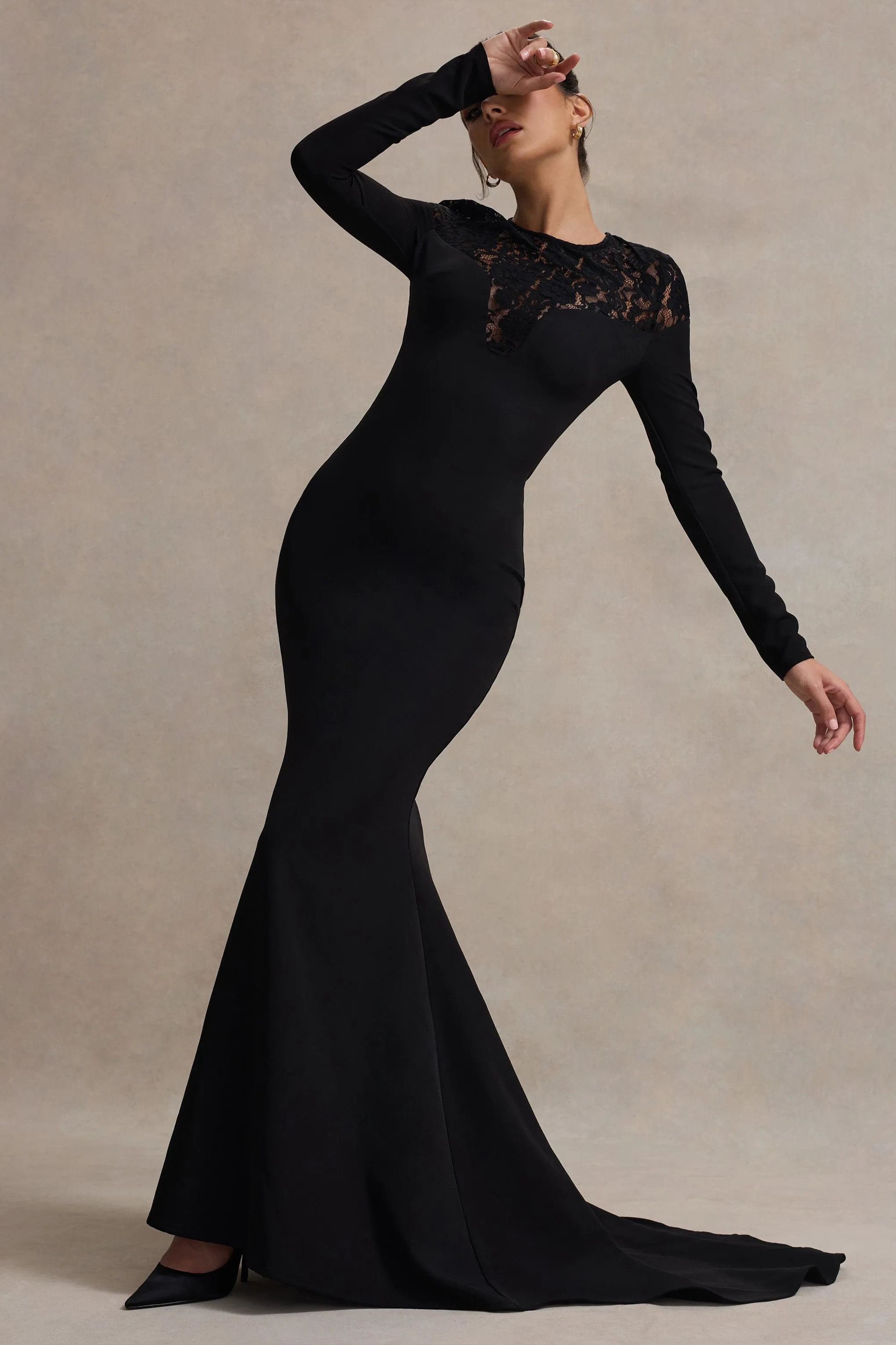 Campbell | Black Long-Sleeve Maxi Dress With Lace Detail Club L London