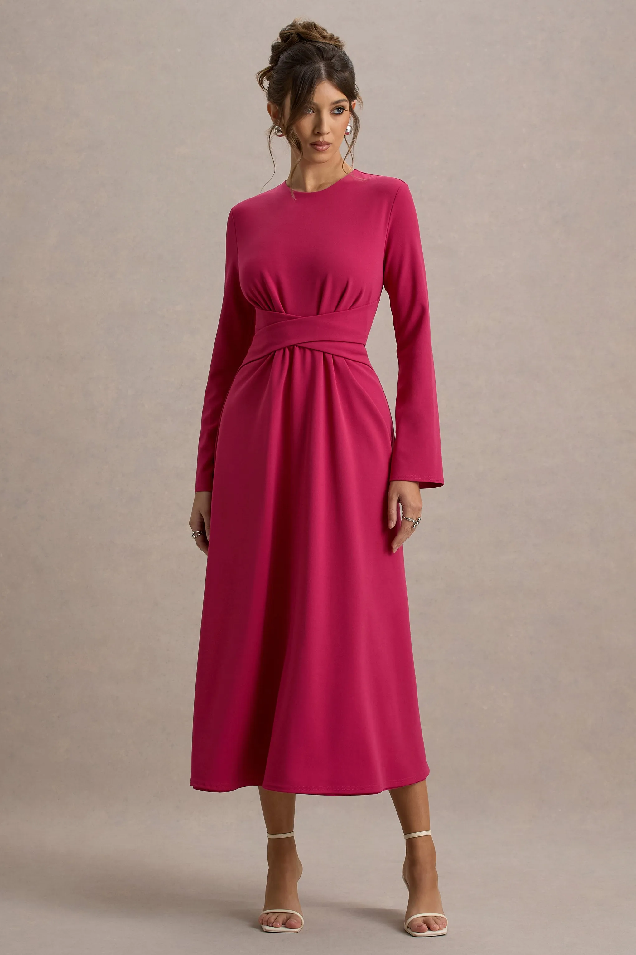 Cassiopeia | Hot Pink Long-Sleeve Midi Dress With Cross Waist Club L London