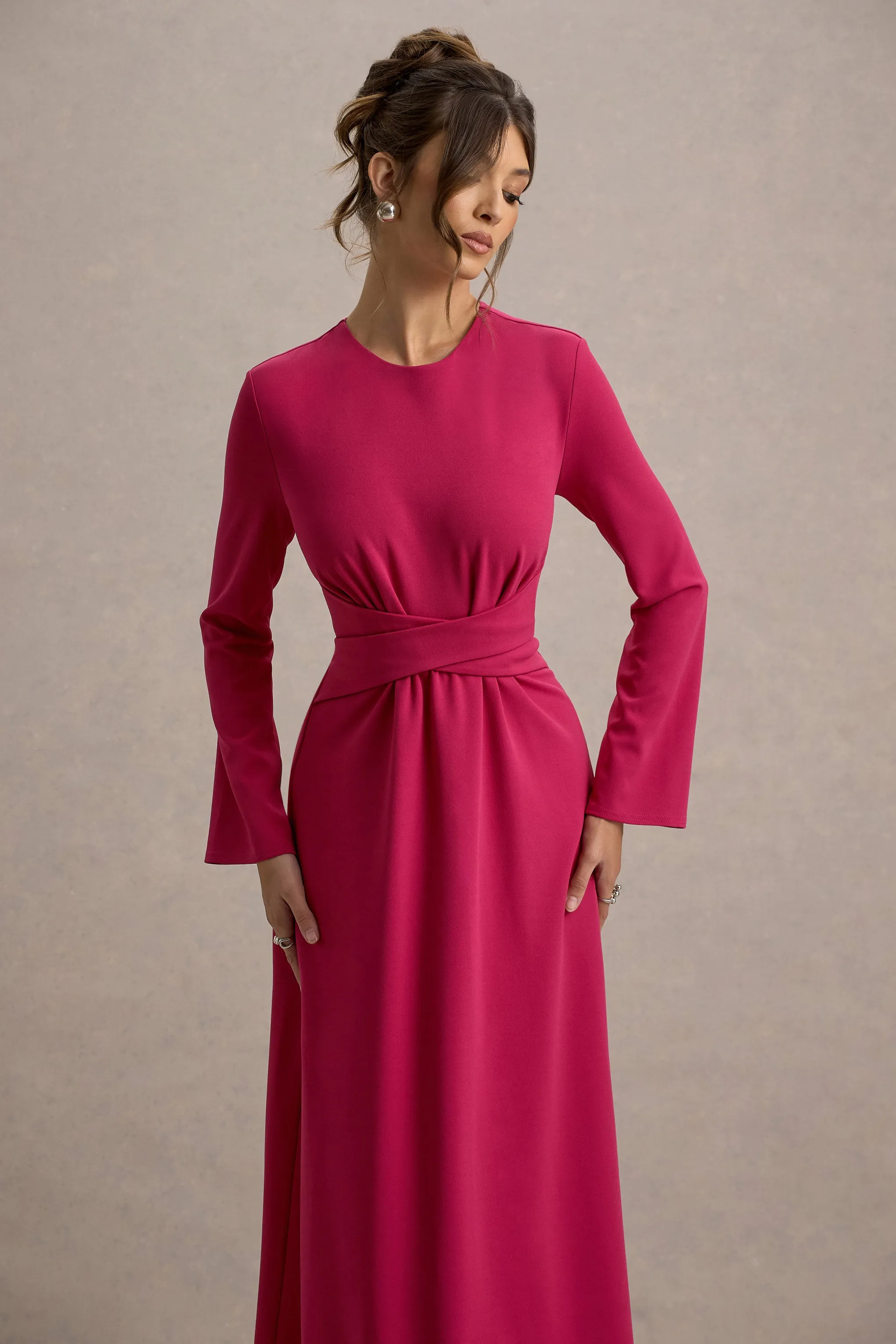 Cassiopeia | Hot Pink Long-Sleeve Midi Dress With Cross Waist Club L London