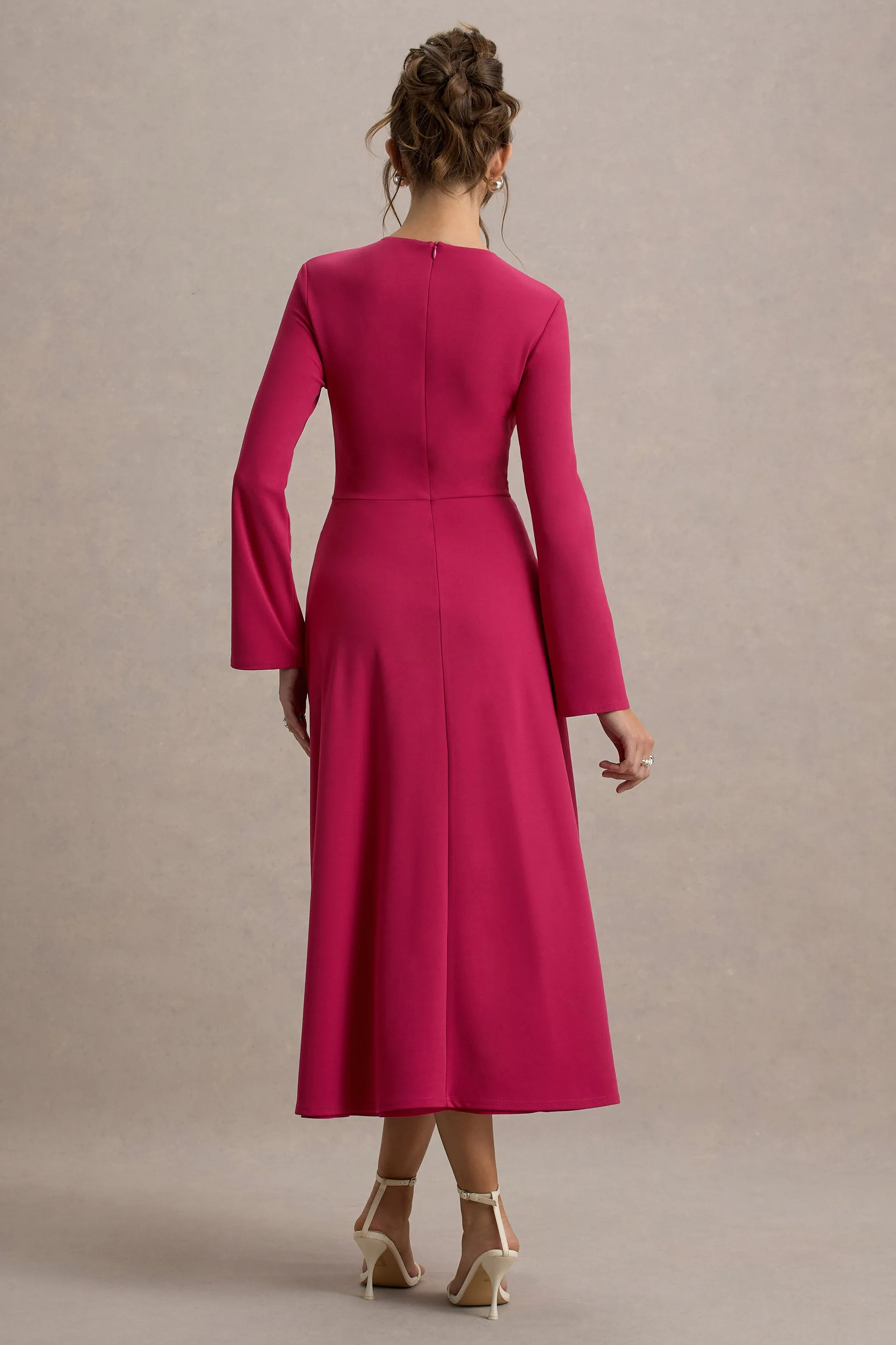 Cassiopeia | Hot Pink Long-Sleeve Midi Dress With Cross Waist Club L London
