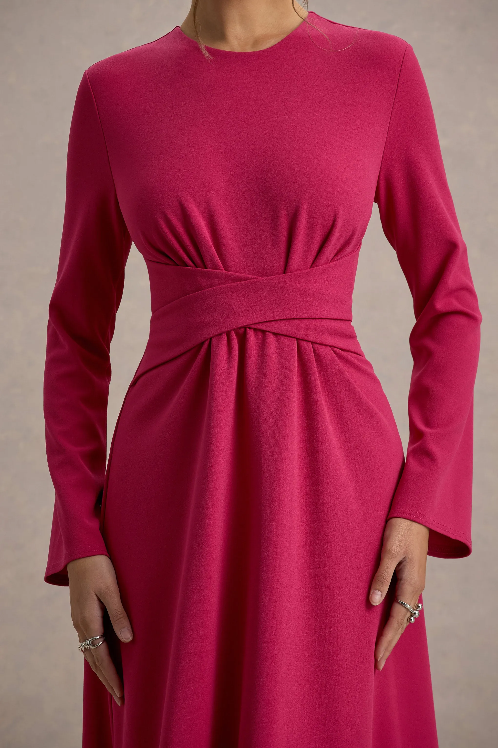 Cassiopeia | Hot Pink Long-Sleeve Midi Dress With Cross Waist Club L London