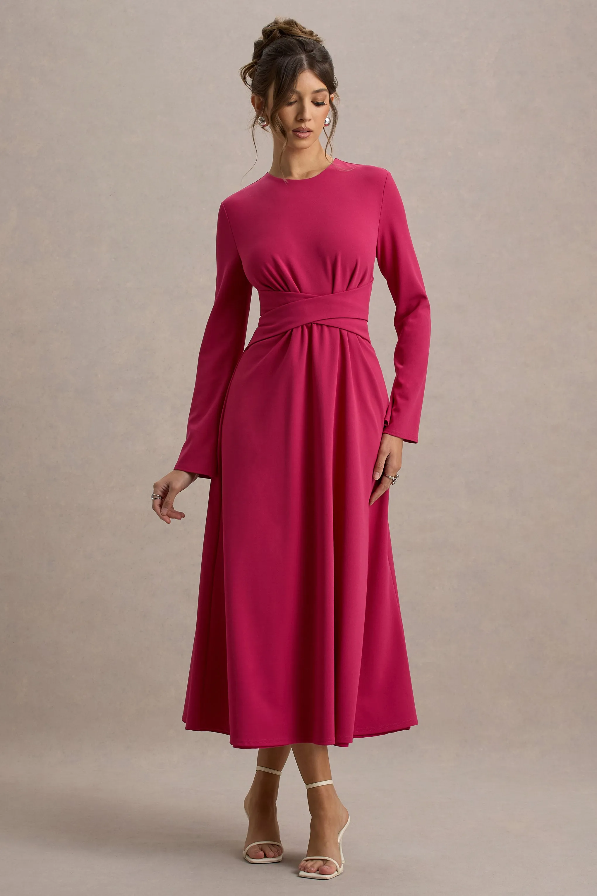 Cassiopeia | Hot Pink Long-Sleeve Midi Dress With Cross Waist Club L London