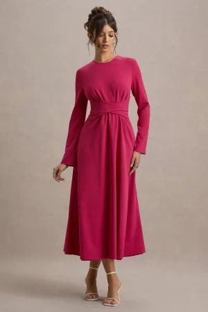 Cassiopeia | Hot Pink Long-Sleeve Midi Dress With Cross Waist Club L London