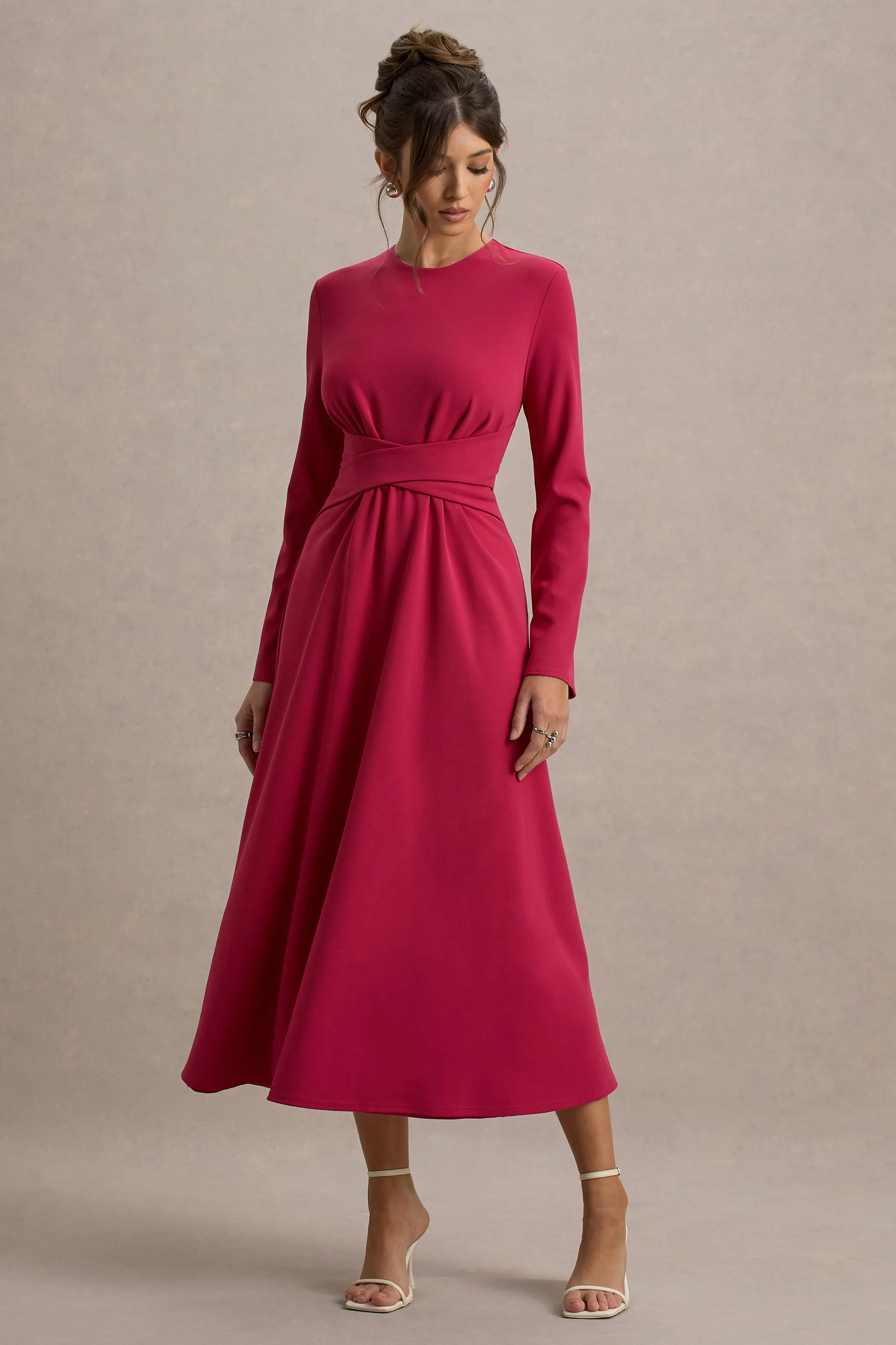 Cassiopeia | Hot Pink Long-Sleeve Midi Dress With Cross Waist Club L London