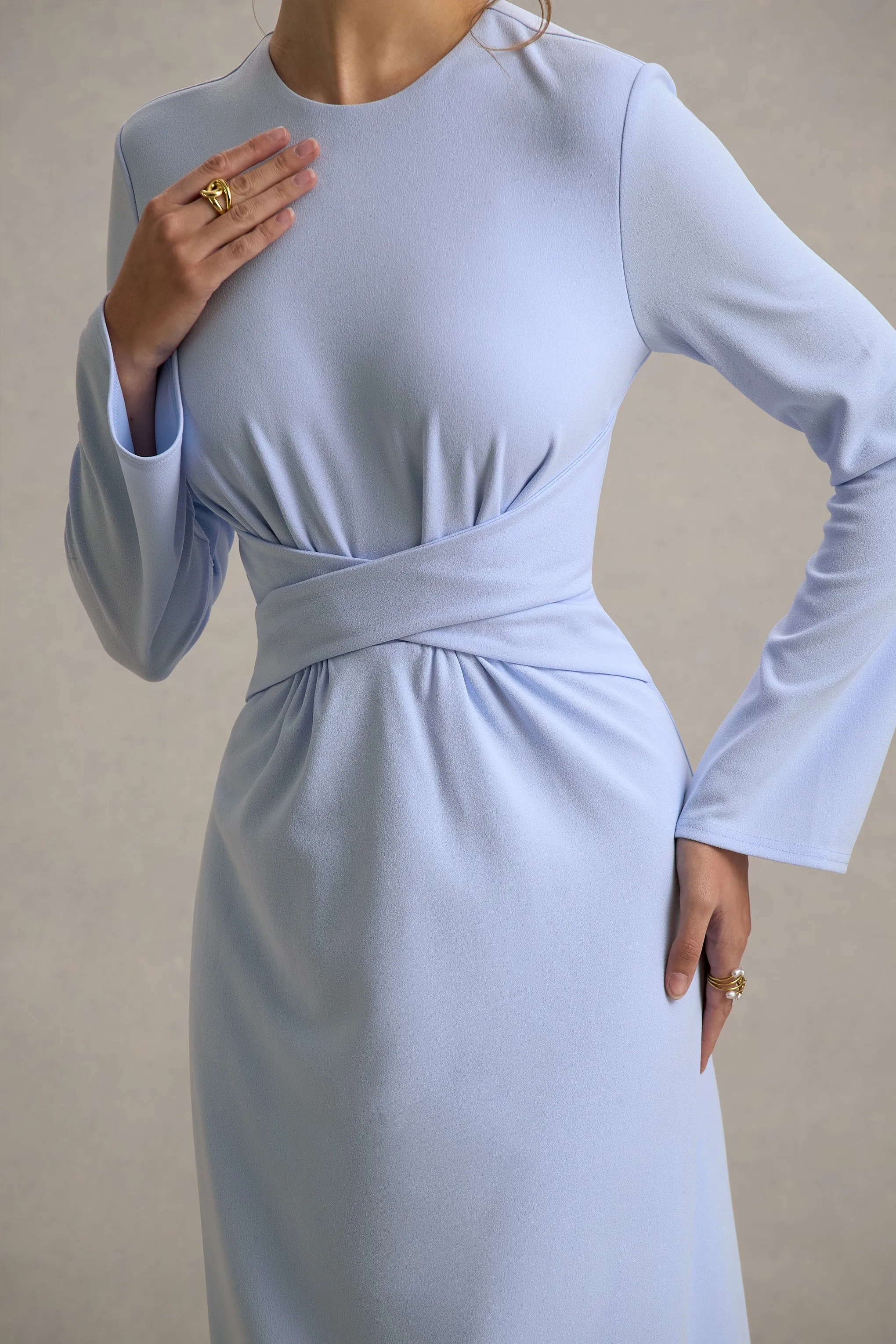 Cassiopeia | Powder Blue Long-Sleeve Midi Dress With Cross Waist Club L London