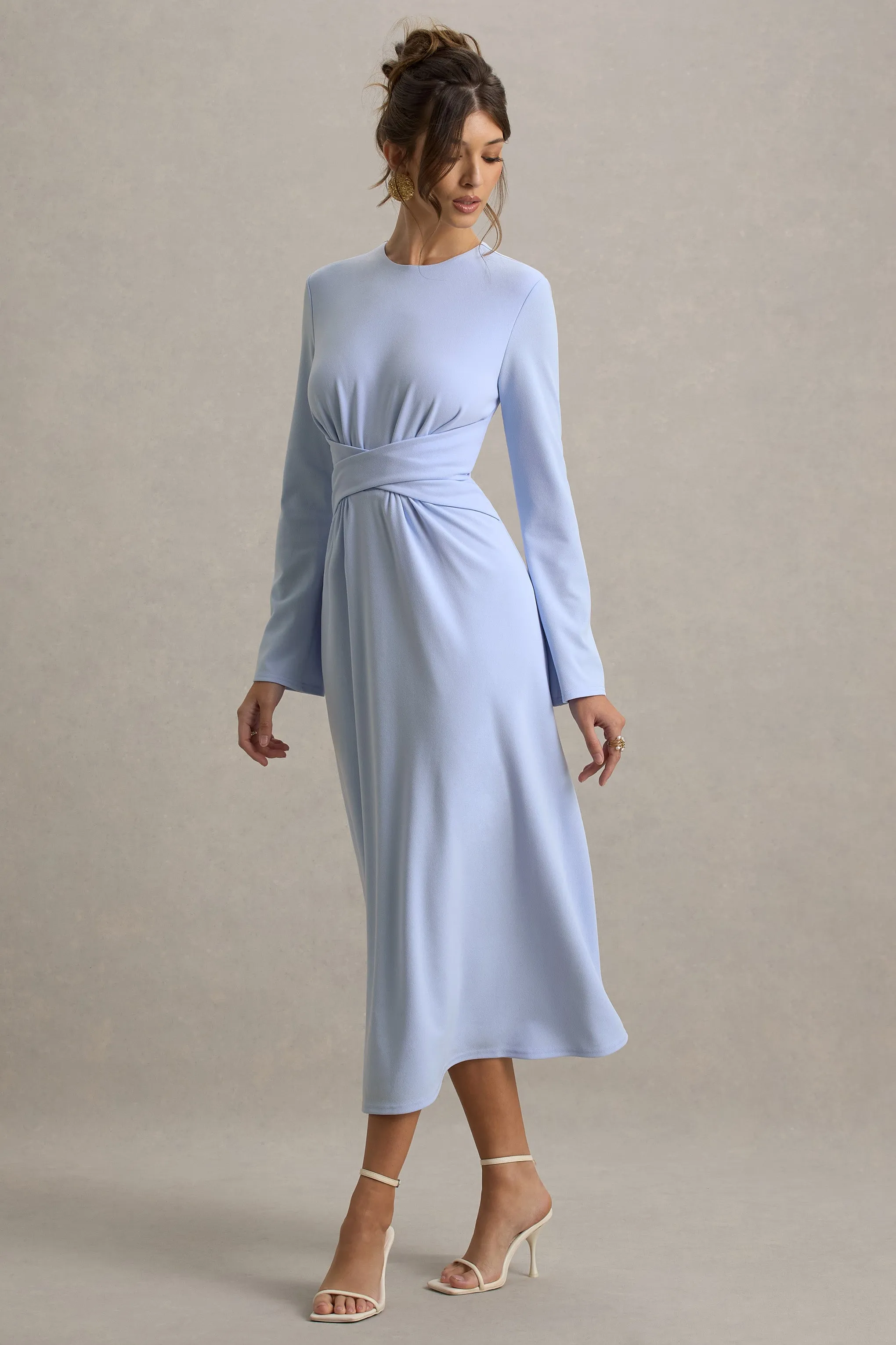 Cassiopeia | Powder Blue Long-Sleeve Midi Dress With Cross Waist Club L London