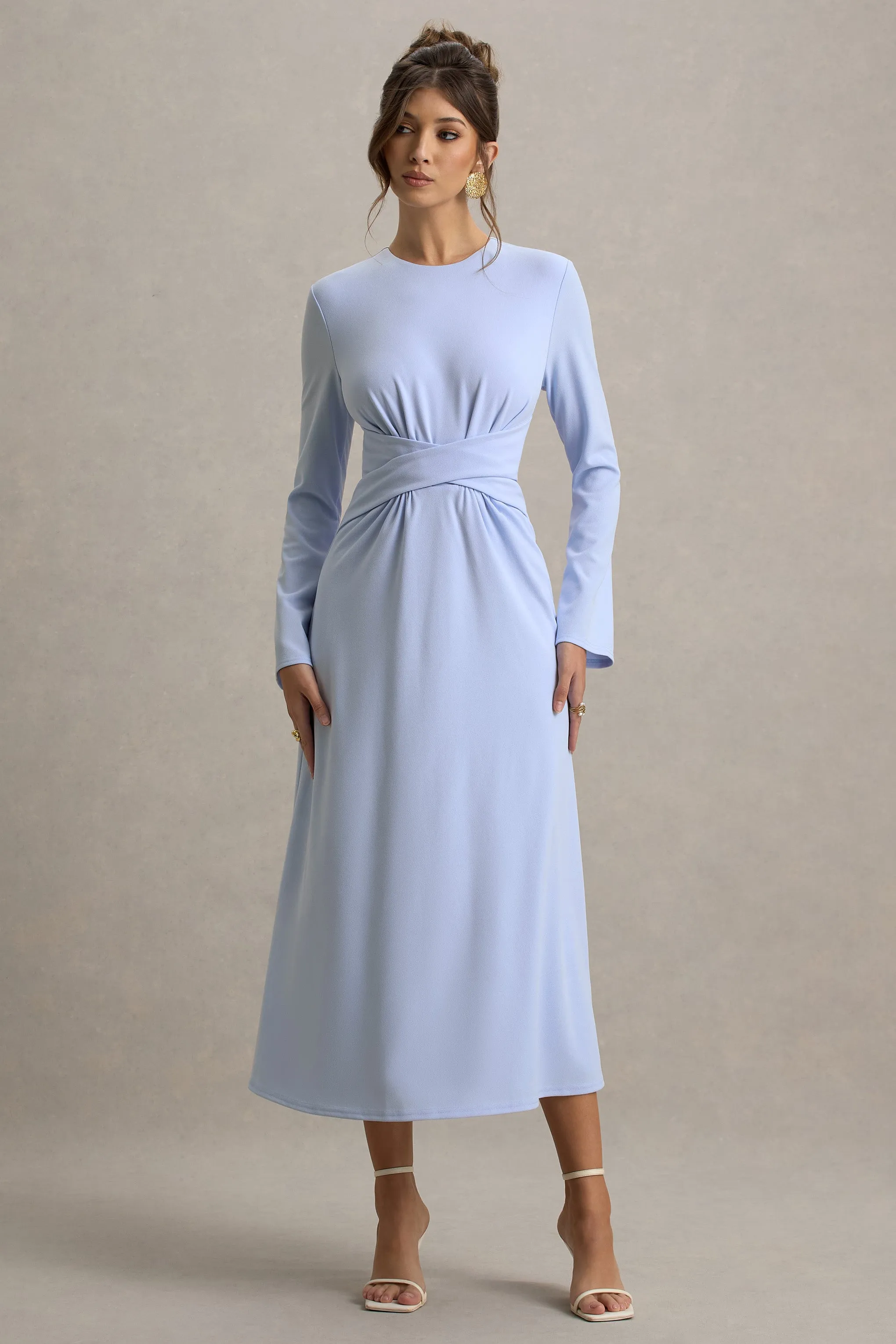 Cassiopeia | Powder Blue Long-Sleeve Midi Dress With Cross Waist Club L London