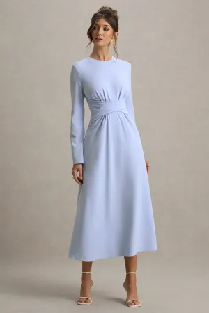 Cassiopeia | Powder Blue Long-Sleeve Midi Dress With Cross Waist Club L London
