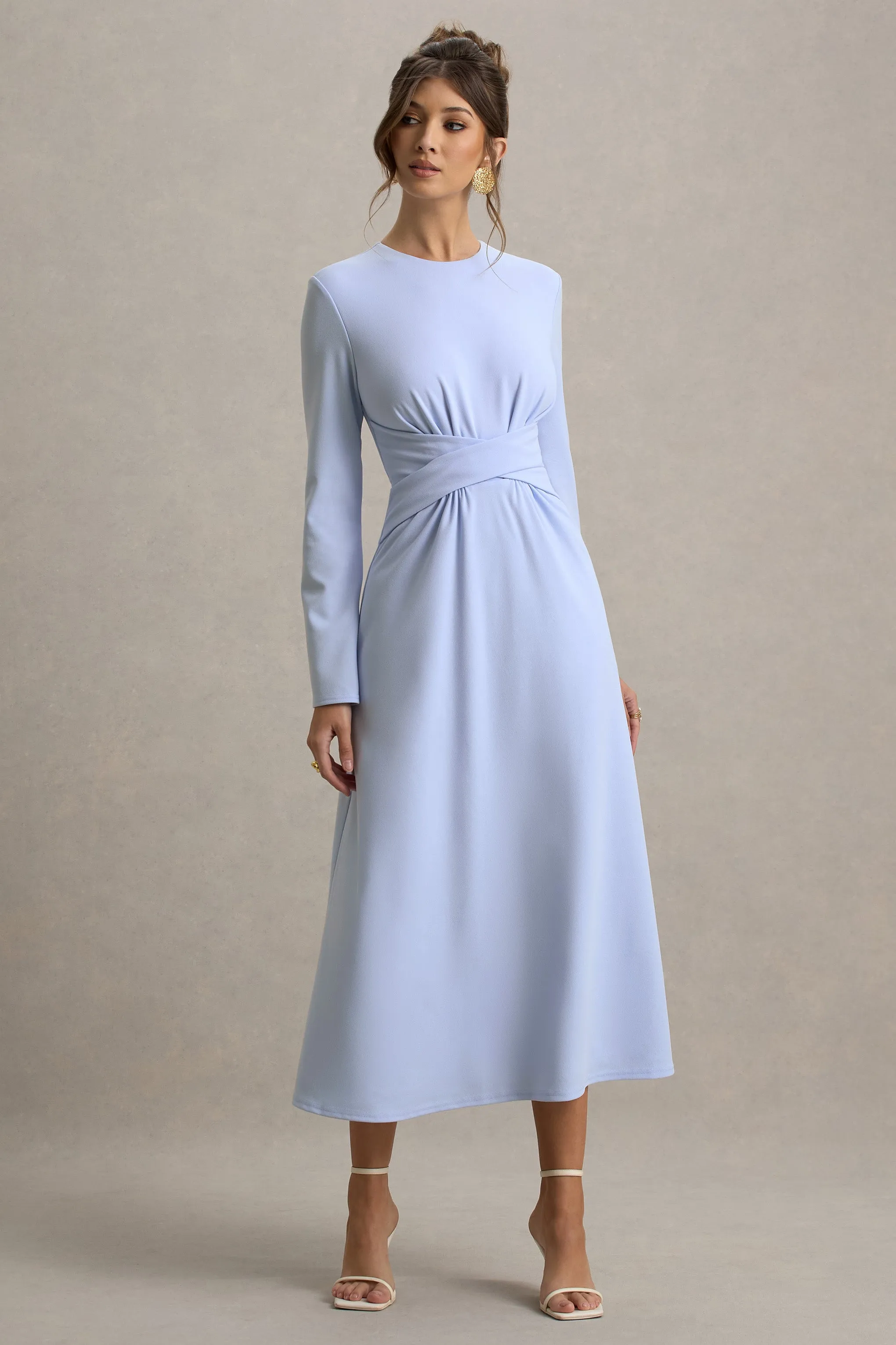 Cassiopeia | Powder Blue Long-Sleeve Midi Dress With Cross Waist Club L London