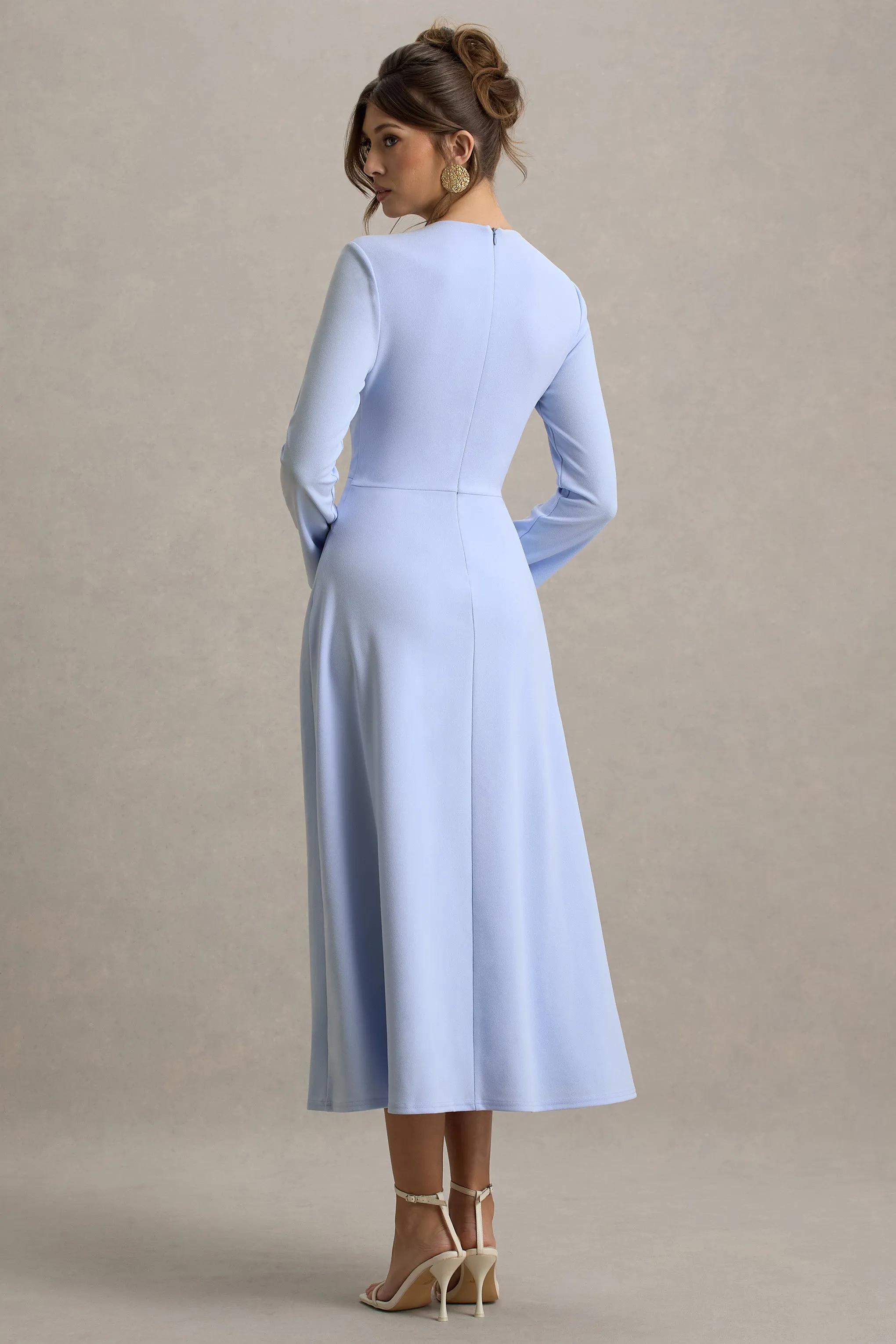 Cassiopeia | Powder Blue Long-Sleeve Midi Dress With Cross Waist Club L London