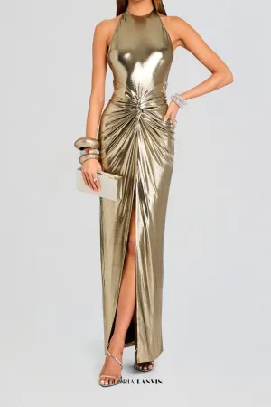 Champagne gold halter neck backless slit gown Gloria Lanvin