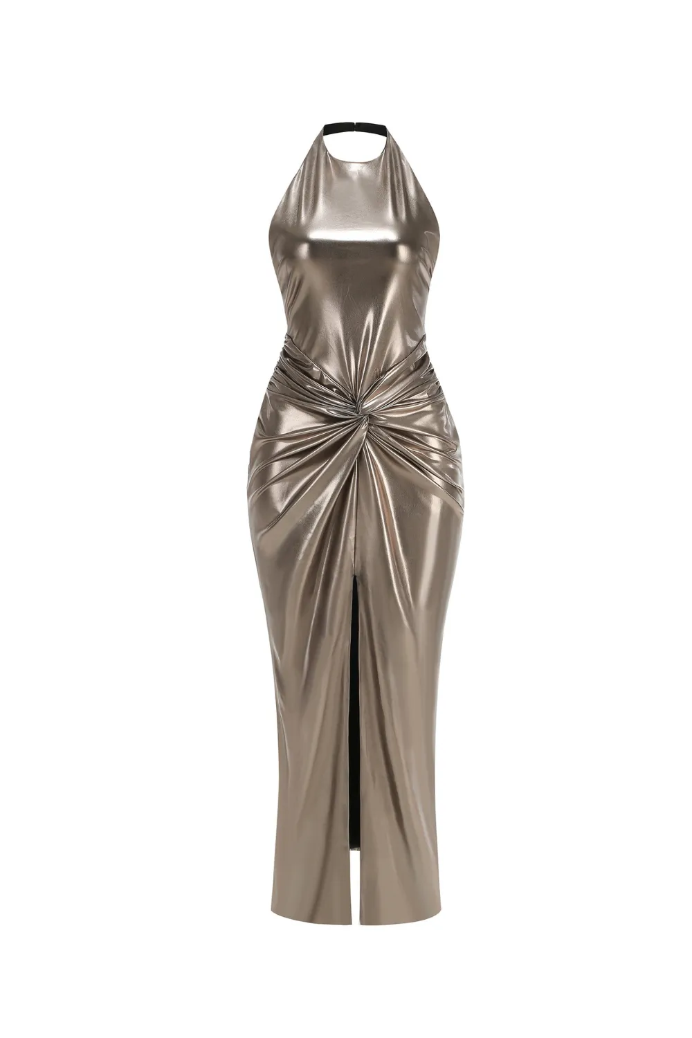 Champagne gold halter neck backless slit gown Gloria Lanvin