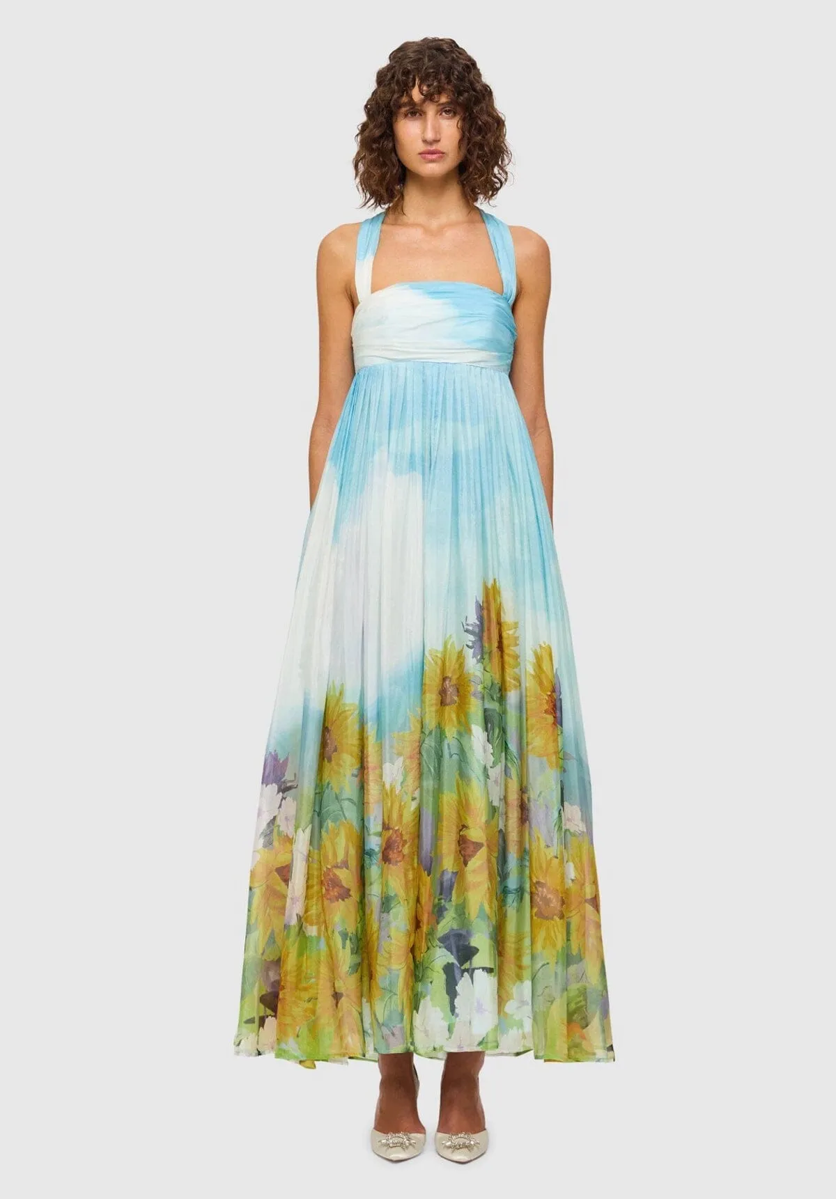 Claudette Silk Halterneck Maxi Dress - Sunflower Print in Landscape