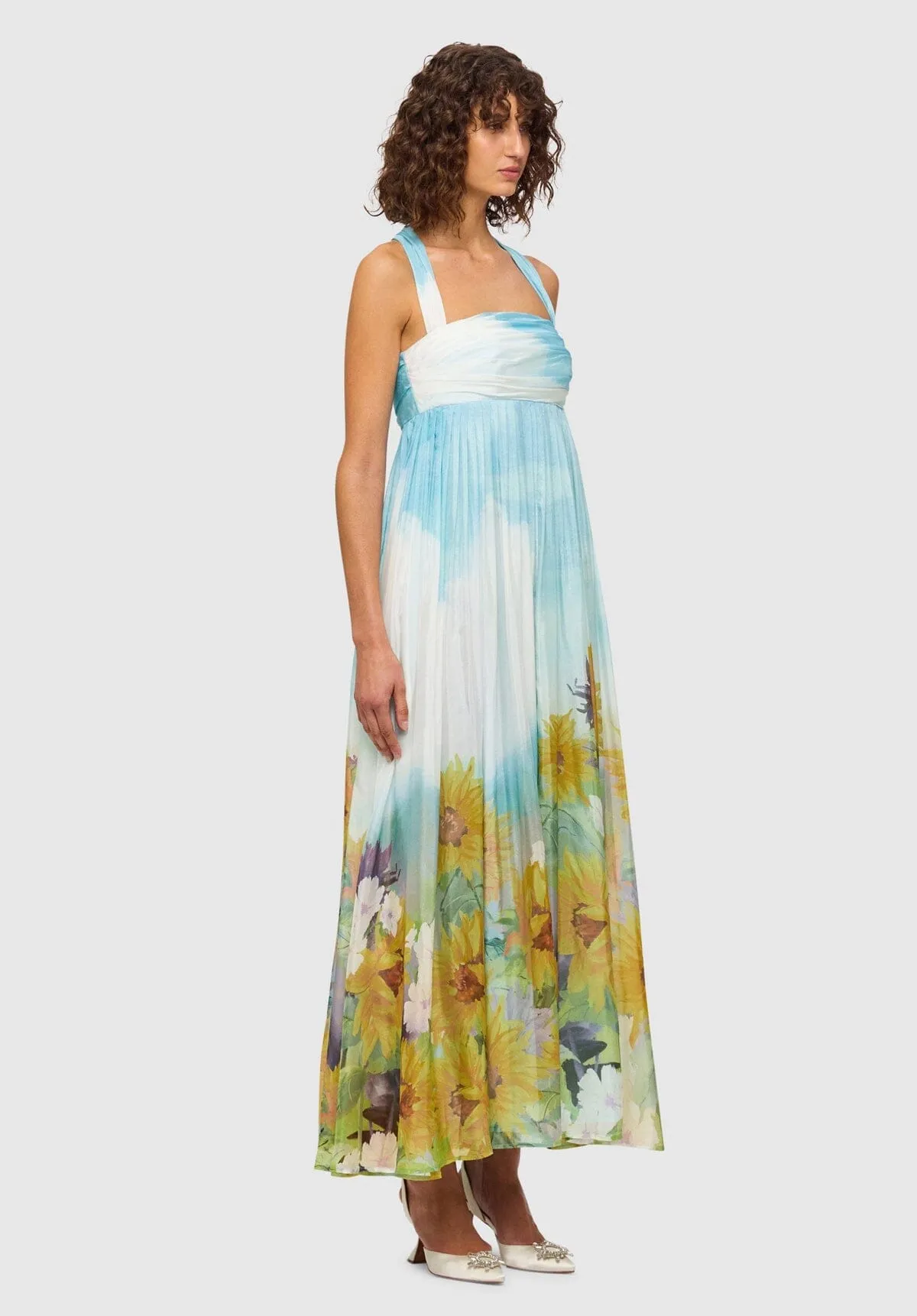 Claudette Silk Halterneck Maxi Dress - Sunflower Print in Landscape