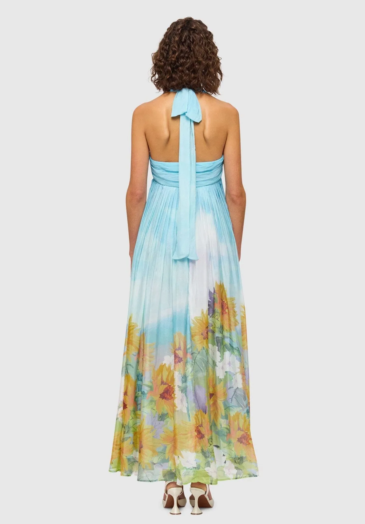 Claudette Silk Halterneck Maxi Dress - Sunflower Print in Landscape