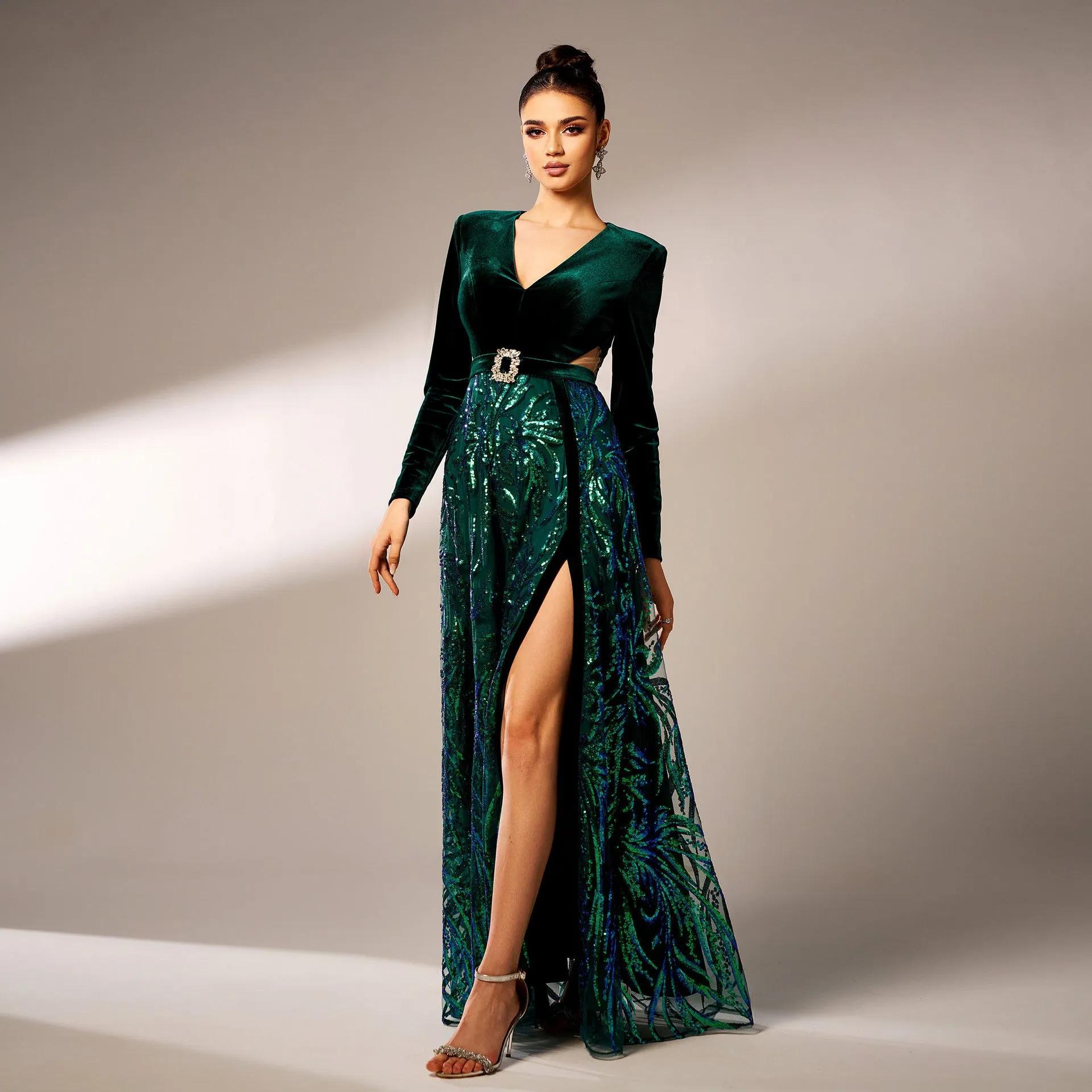 Clearance Price High slit sequin long sleeve maxi dress  Almost Gone!