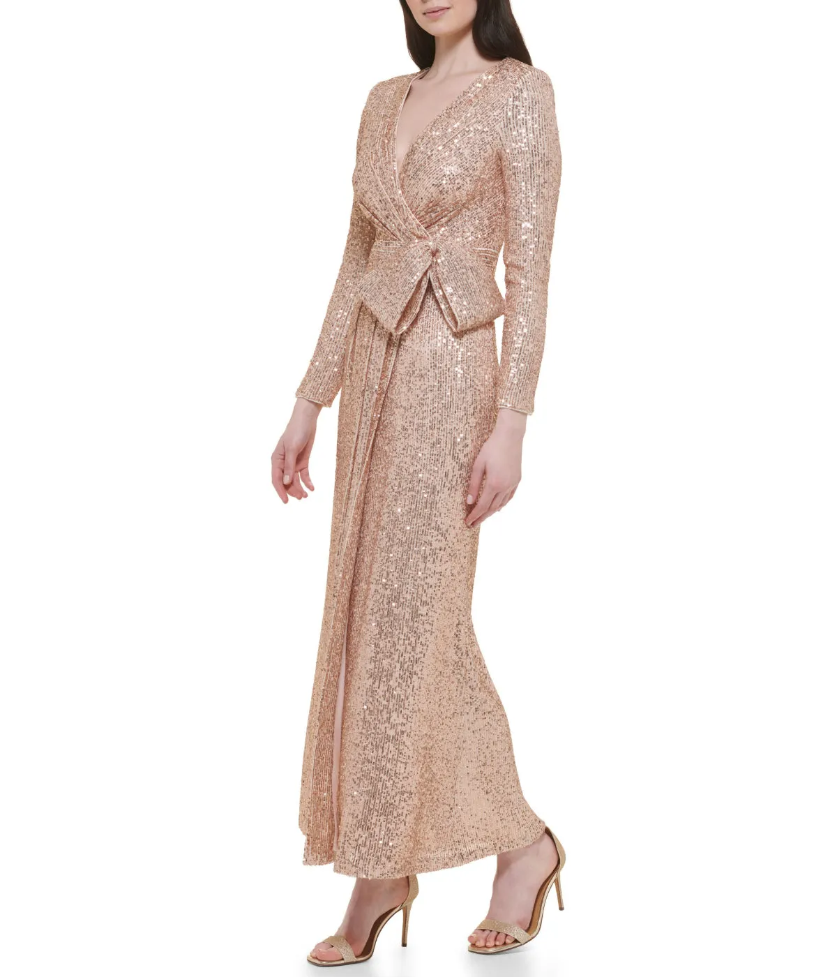 Clearance Price Long Sleeve Surplice Wrap Sequin Gown With Bow Champagne  Ends Soon!