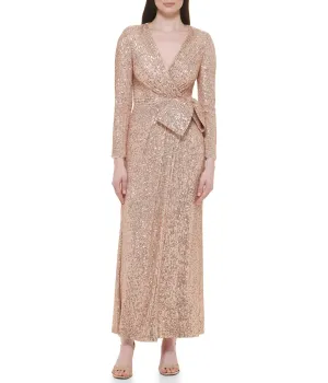 Clearance Price Long Sleeve Surplice Wrap Sequin Gown With Bow Champagne  Ends Soon!