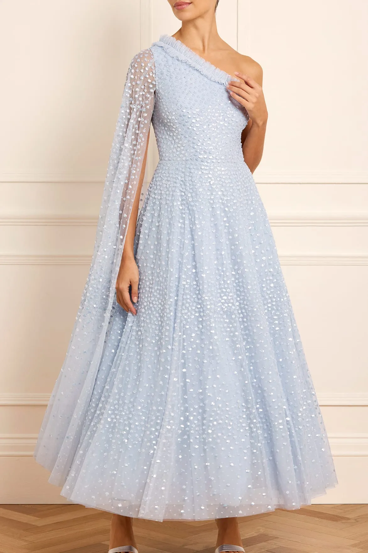 Clearance Price Scatter Dot One-Shoulder Ankle Gown NEEDLE THREAD  Today Only!
