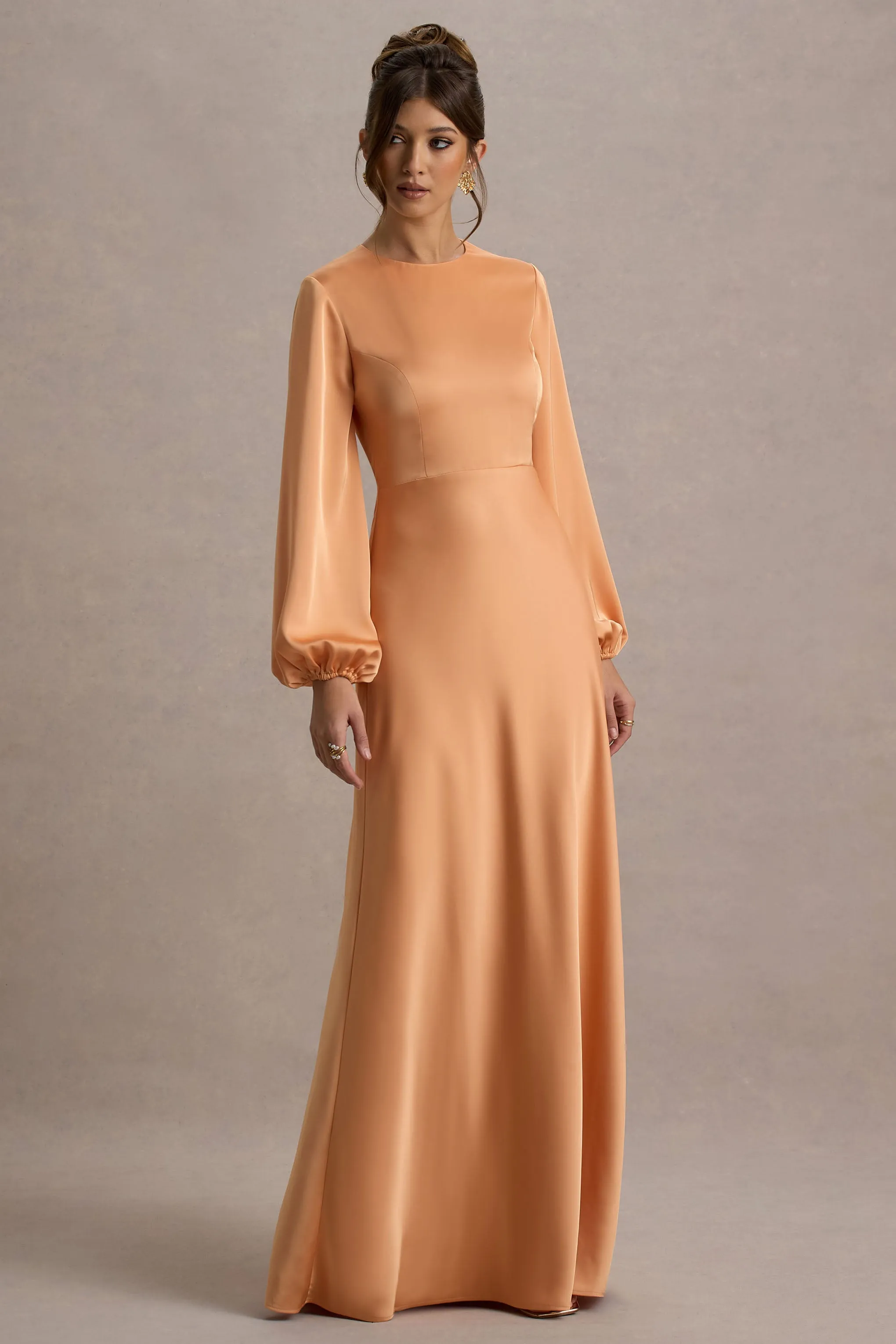 Crawley | Peach Satin Puff-Sleeve Maxi Dress Club L London