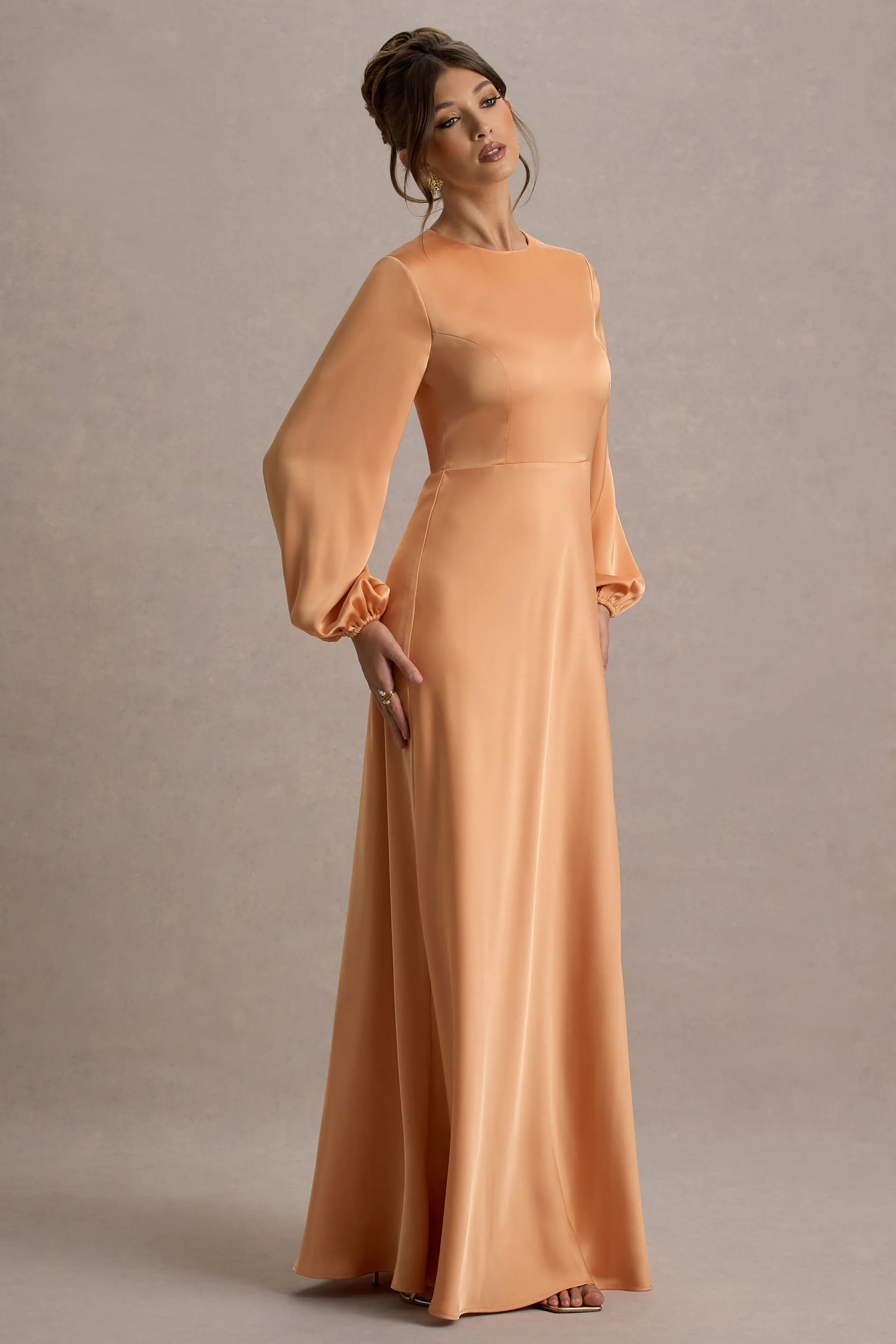 Crawley | Peach Satin Puff-Sleeve Maxi Dress Club L London