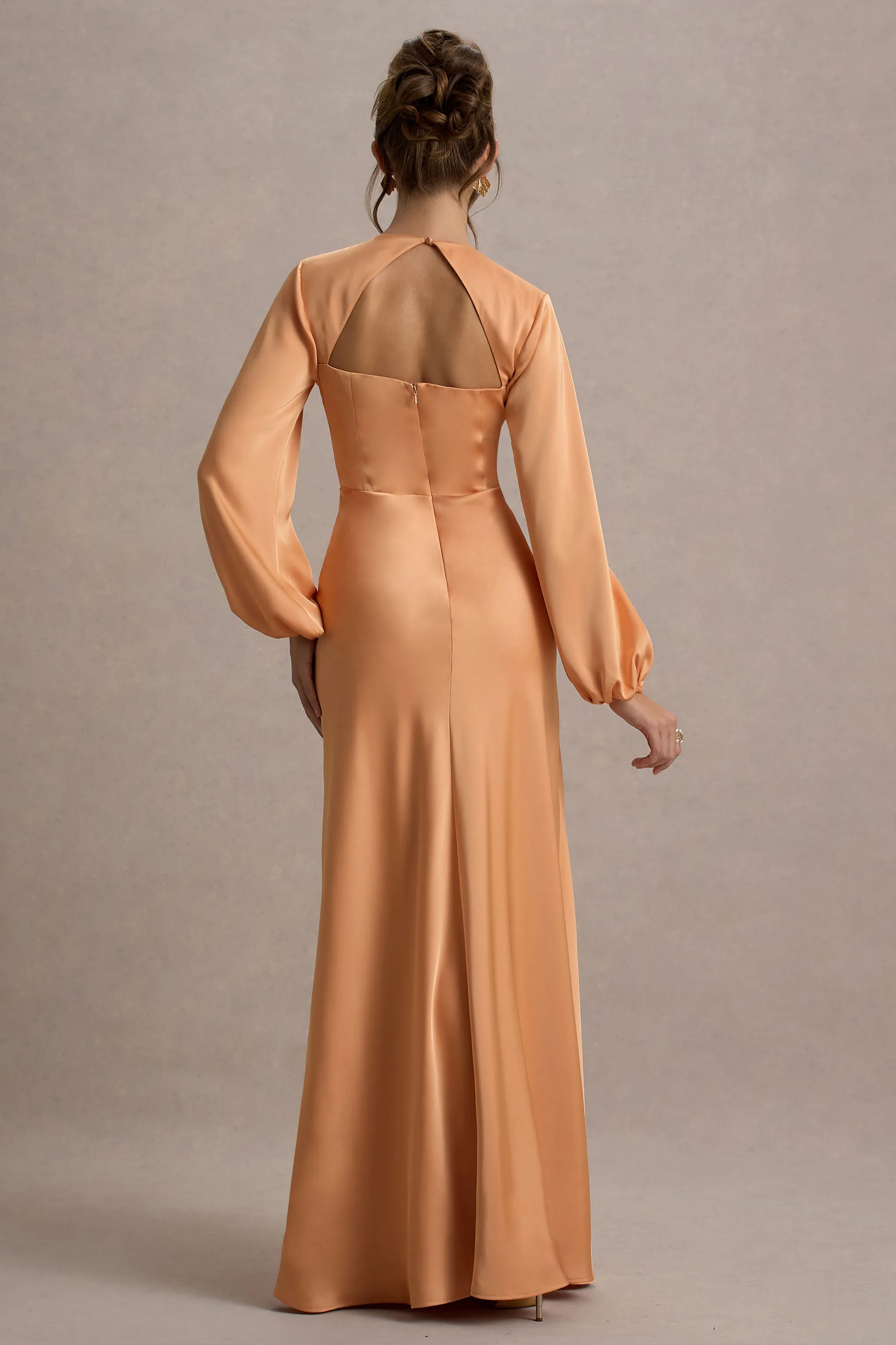 Crawley | Peach Satin Puff-Sleeve Maxi Dress Club L London