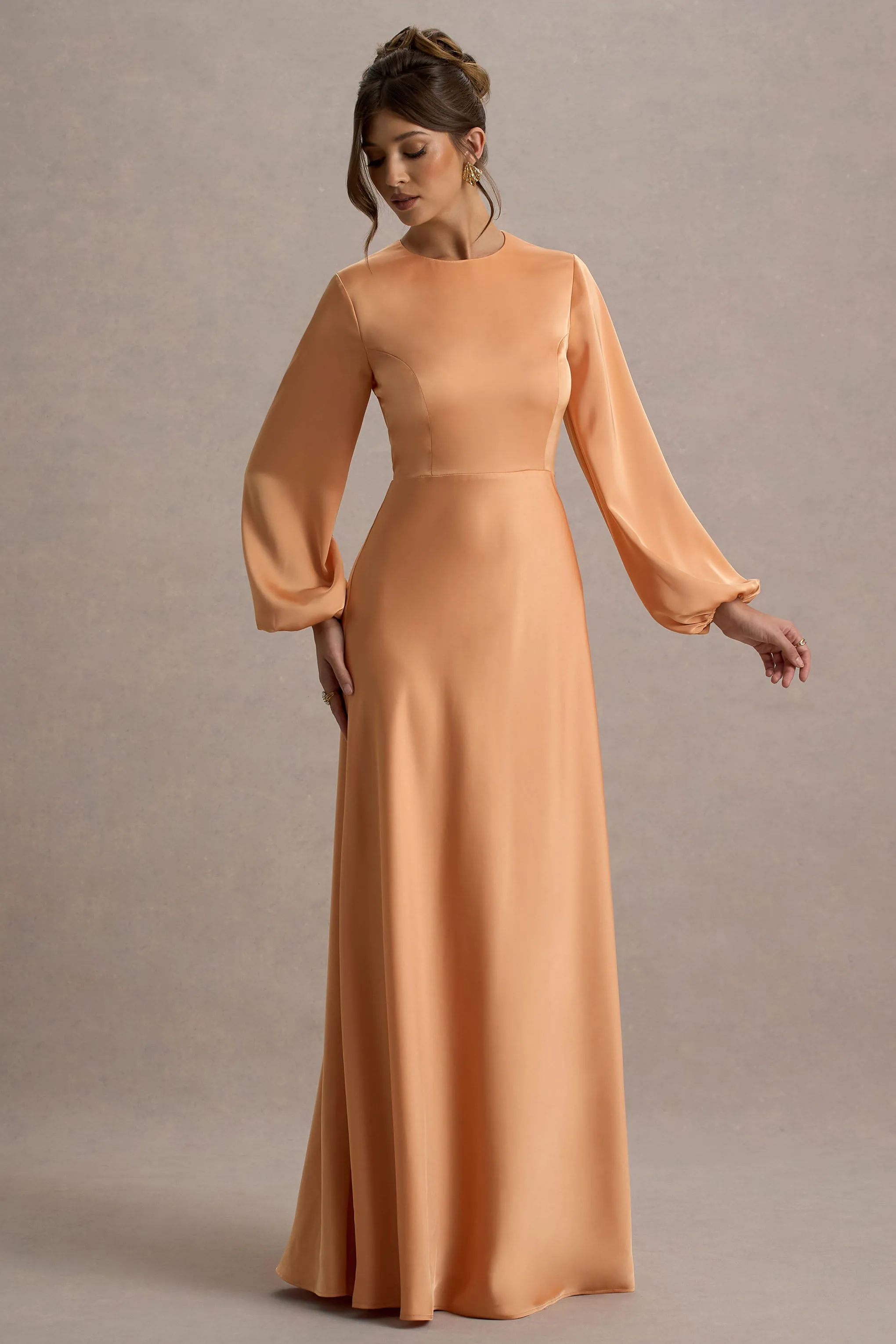 Crawley | Peach Satin Puff-Sleeve Maxi Dress Club L London