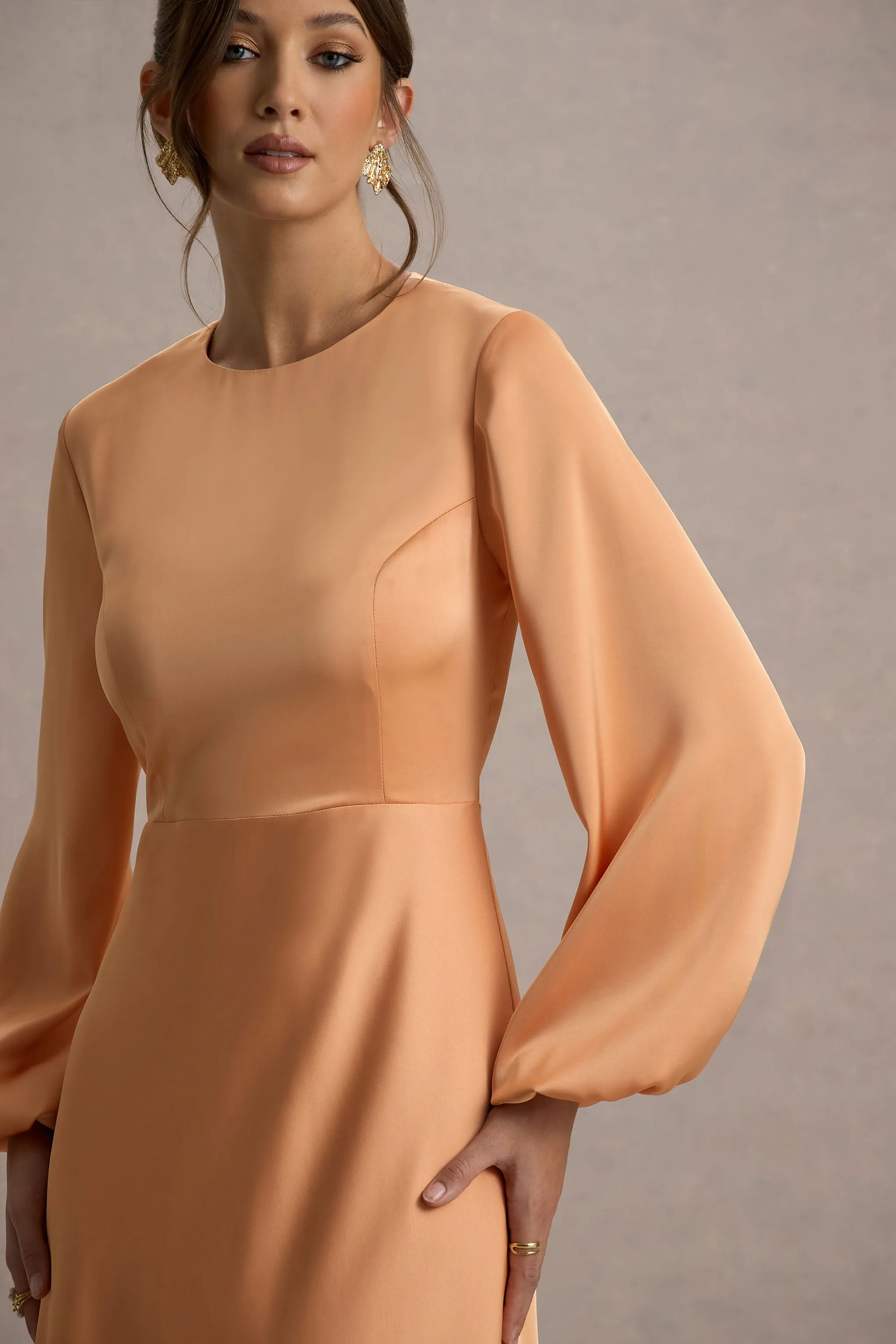 Crawley | Peach Satin Puff-Sleeve Maxi Dress Club L London