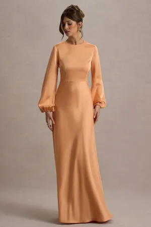 Crawley | Peach Satin Puff-Sleeve Maxi Dress Club L London
