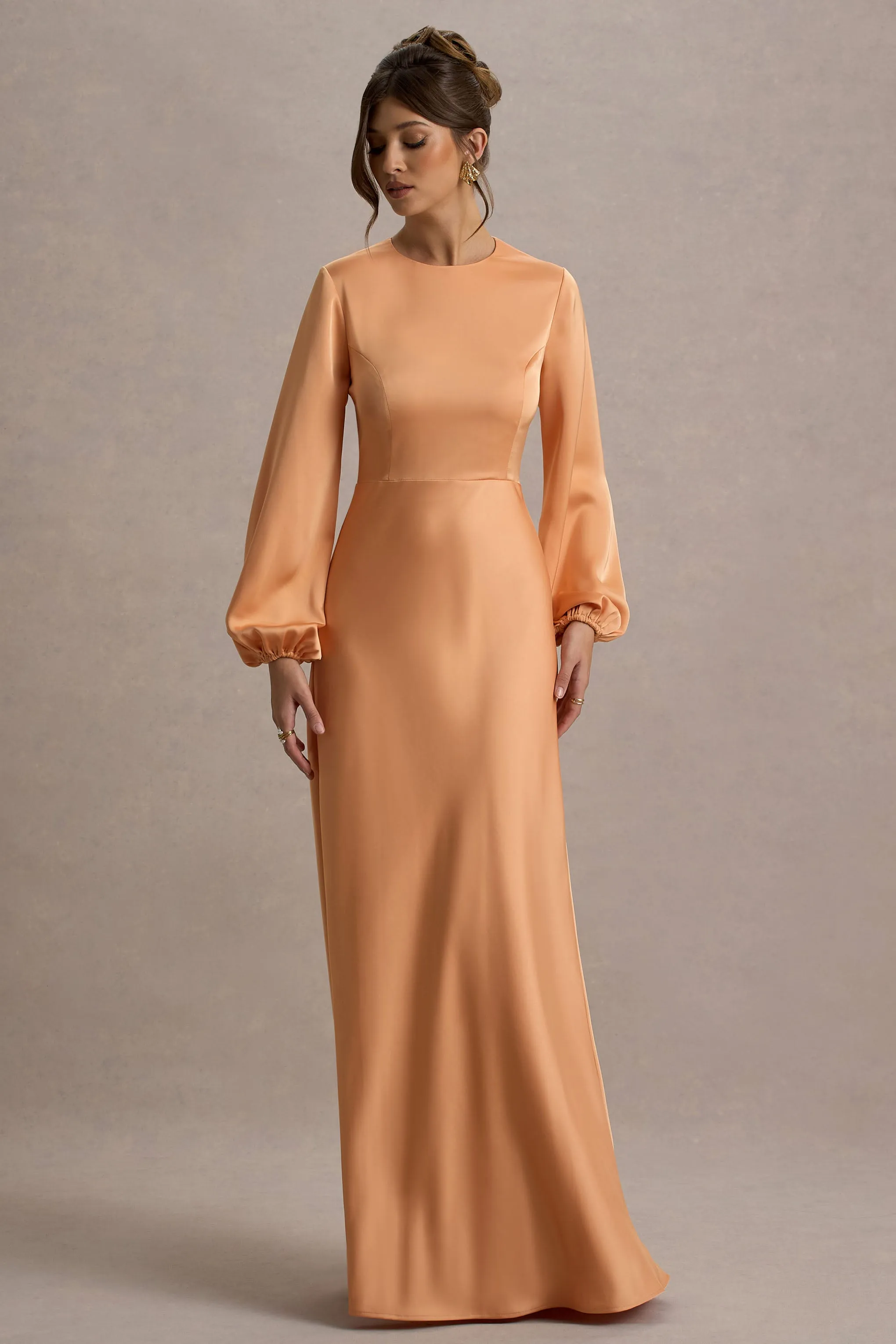 Crawley | Peach Satin Puff-Sleeve Maxi Dress Club L London