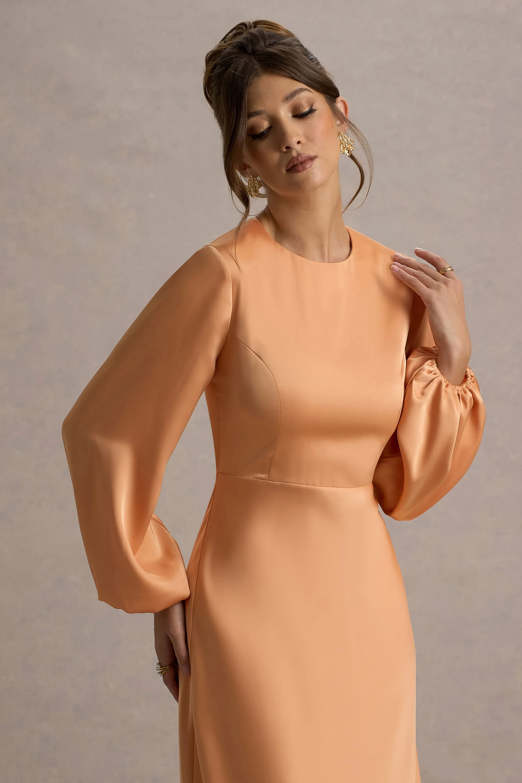 Crawley | Peach Satin Puff-Sleeve Maxi Dress Club L London
