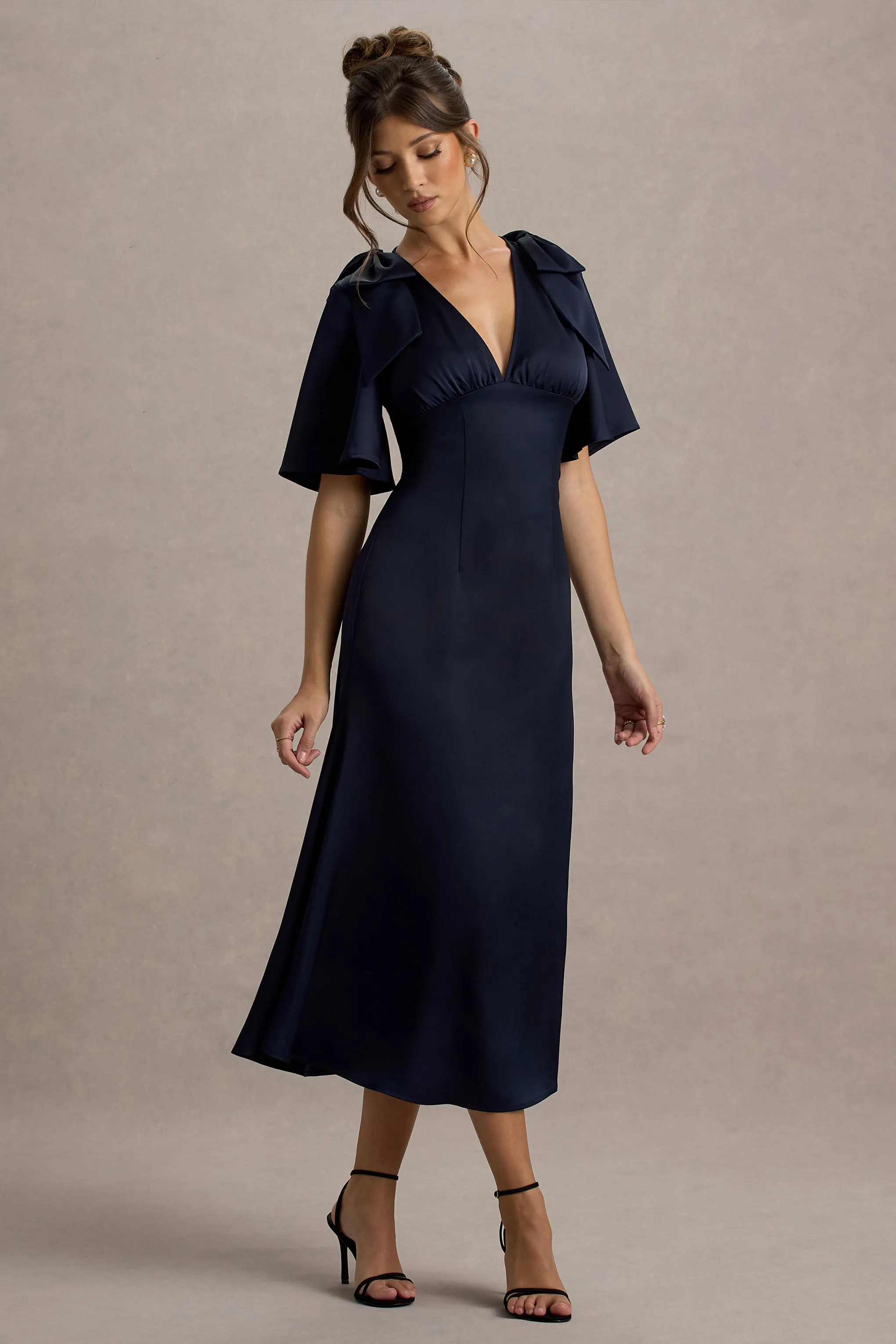 Danna | Navy Satin V-Neck Short-Sleeve Midi Dress Club L London
