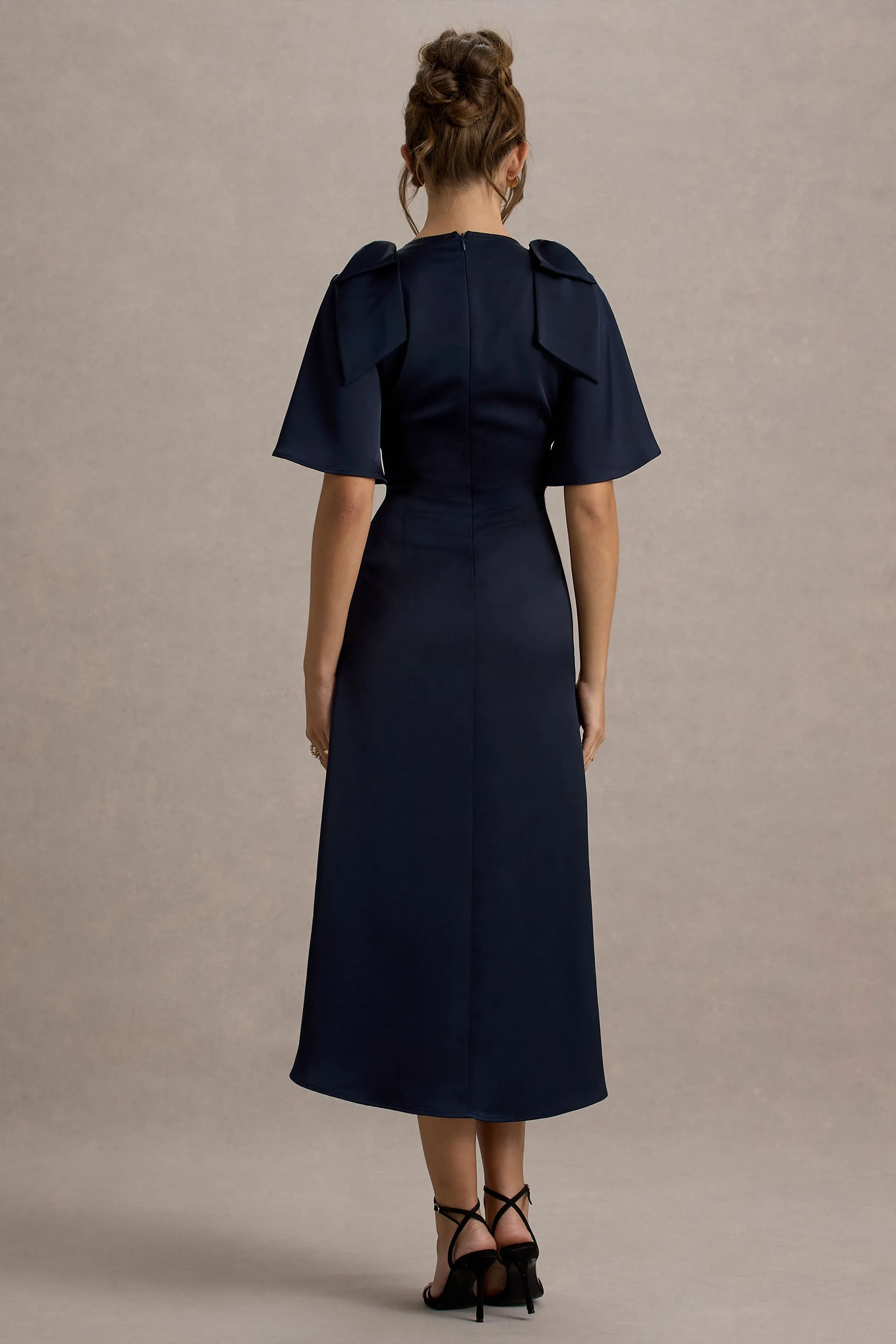 Danna | Navy Satin V-Neck Short-Sleeve Midi Dress Club L London