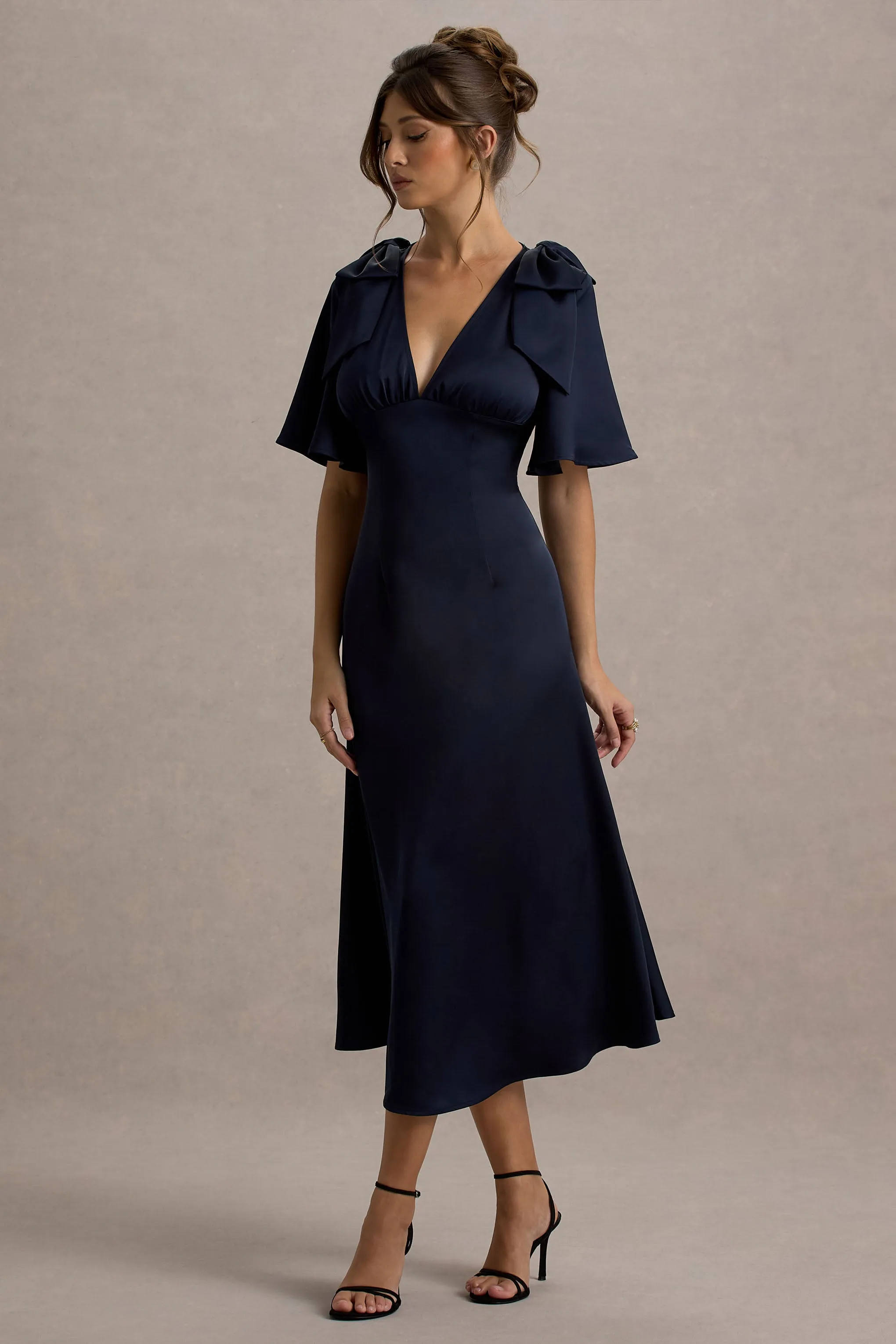 Danna | Navy Satin V-Neck Short-Sleeve Midi Dress Club L London
