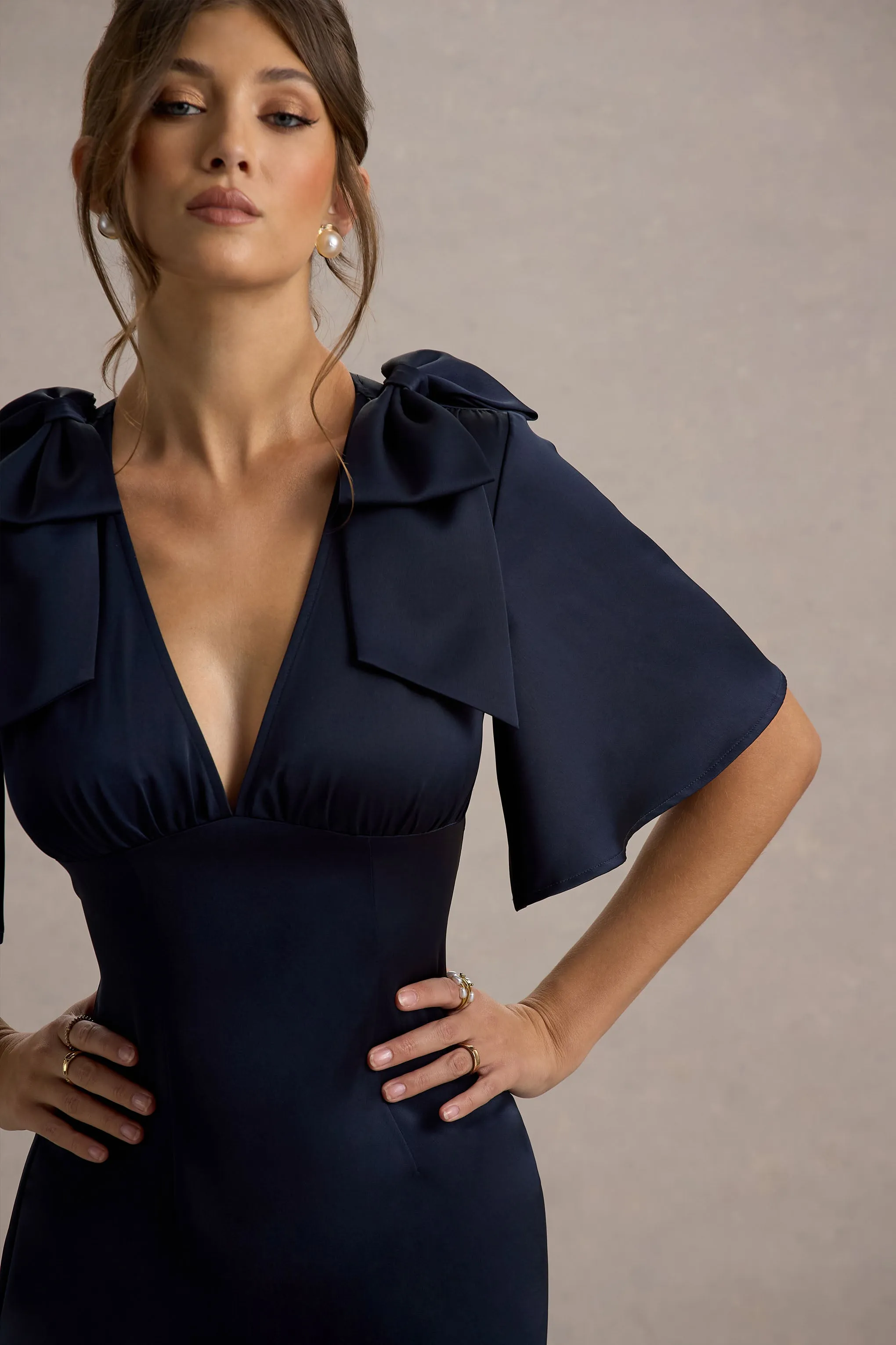Danna | Navy Satin V-Neck Short-Sleeve Midi Dress Club L London