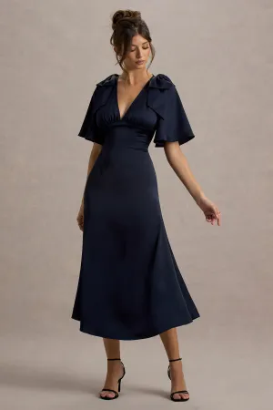Danna | Navy Satin V-Neck Short-Sleeve Midi Dress Club L London