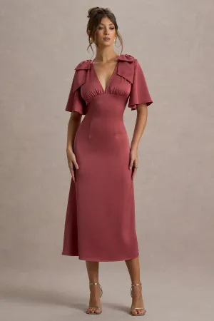 Danna | Rose Pink Satin V-Neck Short-Sleeve Midi Dress Club L London
